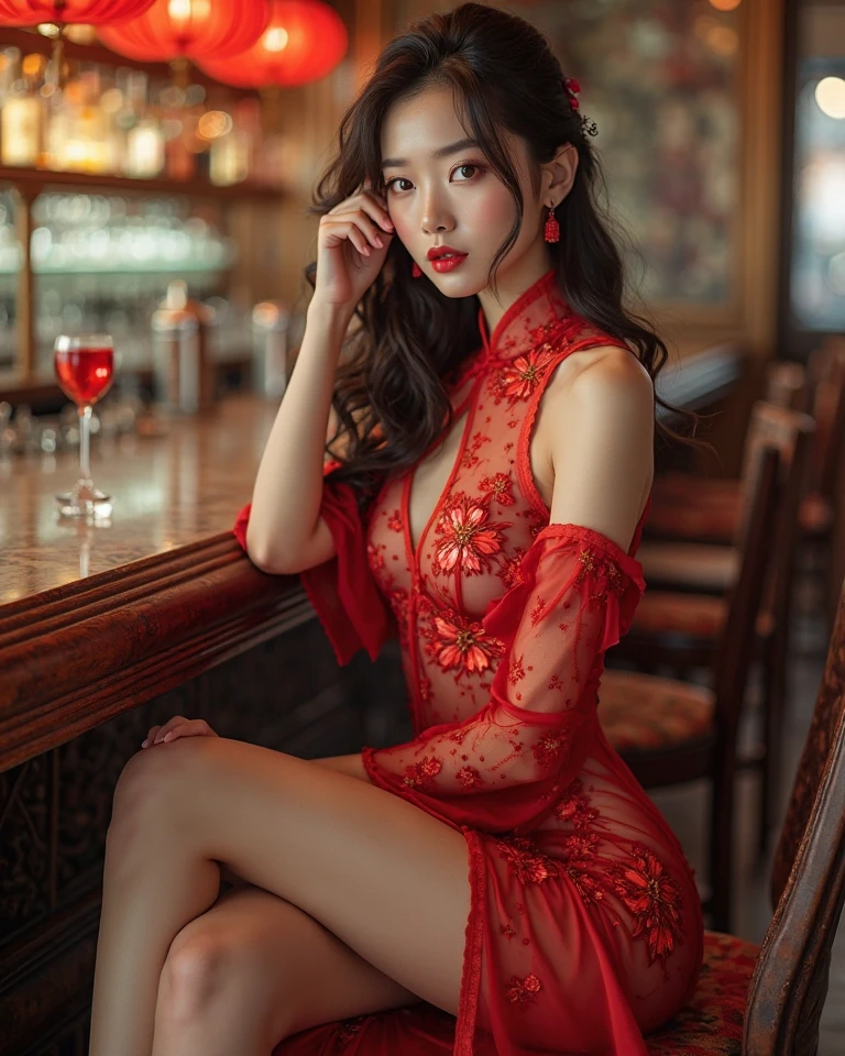 tututu see-through cheongsam ((Bare shoulders)), ((Full breasts)), ((The skirt is very short)), ((Sexy legs)), ((Shot in the knee)), ((permanent, Elegant Posture)),Cute girl,  (best quality, masterpiece:1.2), Extremely detailed, (Practical:1.37), ((Random Scenes, Random shooting angle)), ((Sexy long legs)), (Exquisite eyes, Delicate lips),  (High Dynamic Range :1.4), (Movie atmosphere),(Soft colors), (Natural skin texture, ultra-Practical, Soft Light, sharp),(Very detailed), night, moonlight