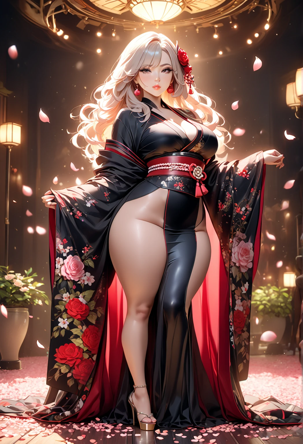 (best quality, ultra-detailed, realistic:1.37),portrait,voluptuous woman,flower,tight dress, Random dress color, passionate look,large buttocks,vibrant colors,soft lighting, standing, full body view, extreme tall, long legs, very tall, tall,