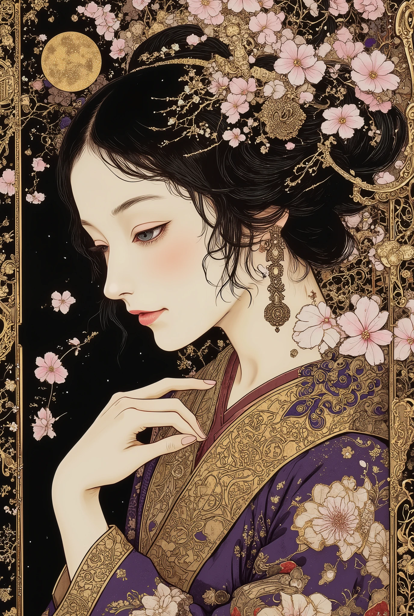 ((cherry blossom blizzard,beautiful cherry blossom)),(beautiful goddess),1 girl,fashion portrait,(off shoulder:1.3),facing to the left, showing the right side of her face,nape of the neck,back of the neck,sway,beautiful face,turime,oiran,geisha,kimono,hair ornament,beautiful neck,plump lips,tempting smile,slender face,feminine,sexy,black long hair,messy hair,covering chest by hand,beautiful hand,purple and gold kimono,gentle smile,((colorfull,vivid color:1.5)),sharp line,looking away,at night,pink,gold,black,skindentation,at night,black background, moon,moody,((melancholic:1.5)),(glowing fluorescent effect)),epic,gorgeous,film grain, grainy,moody lighting,dramatic chiaroscuro lighting,mysterious mood, Nihonga,Japanese painting style, Itō Jakuchū style,Gustav Klimt Style, ,junji ito style,scary ukiyo-e