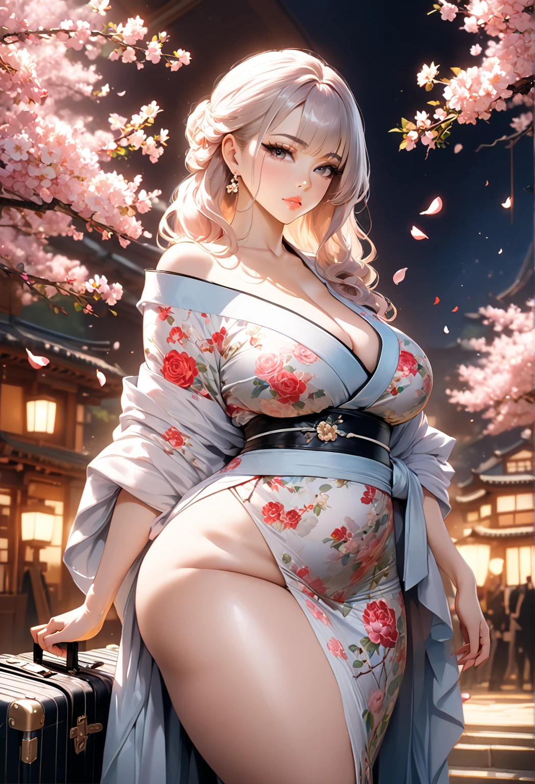 (back view )serious and sexy face, has a face of supernatural beauty and short stature, curly blonde hair, decorated with flowers, as well as blue eyes. (Ideal Anatomy) , (Perfect eyes) Her figure is extremely curvy, Giant breasts, heavy chest, fitness hips, textile, covering the chest,in a semi-transparent kimono where underwear is visible , large abdominal muscle, piece of art.beautiful kimono in harajuku style, lace panties, skinny, thin thick, small waist, 8 k, uhd, (seductive emphasized and raised ass), cherry blossoms fluttering in the wind, Feudal Japan background