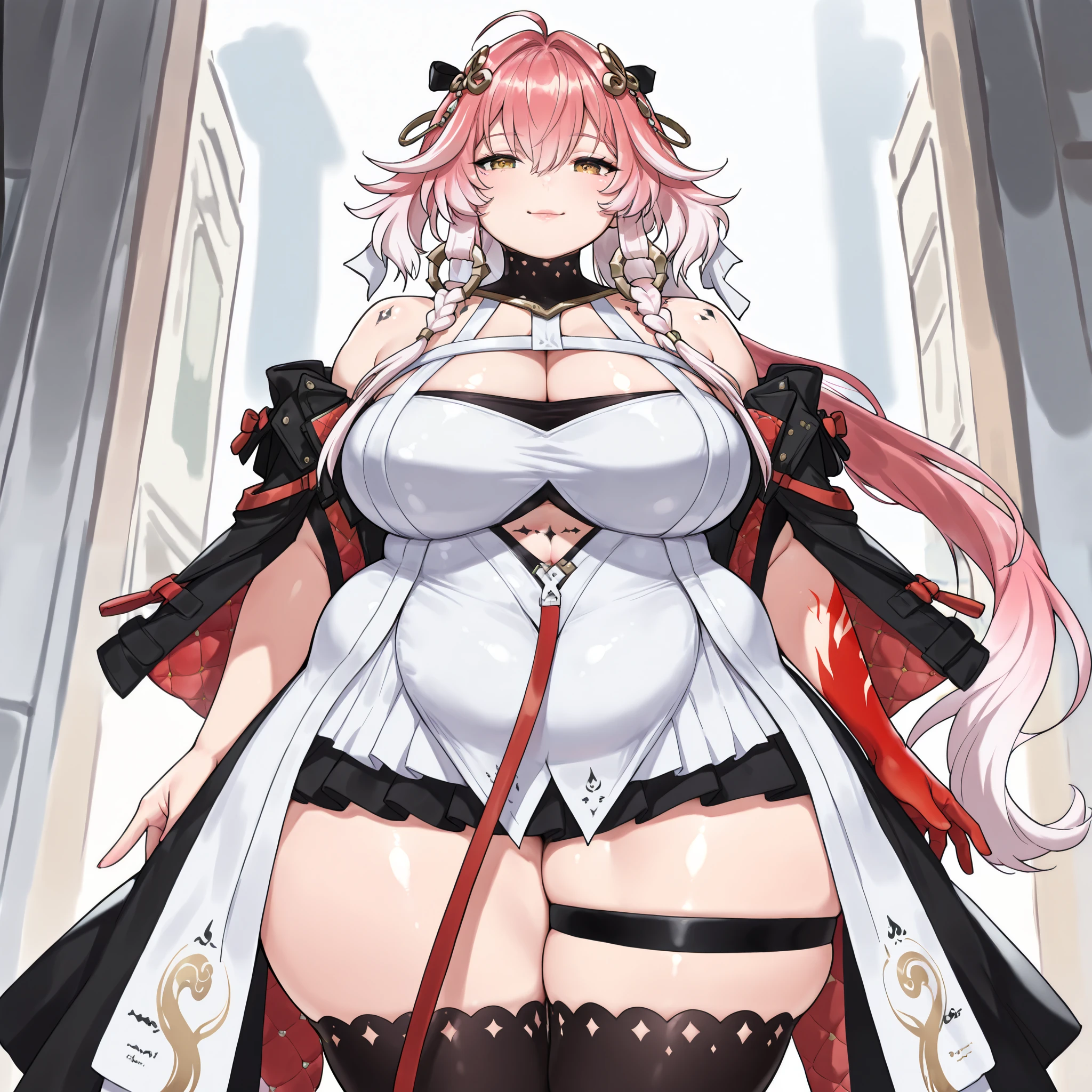 (Uhd, Masterpiece, Textured Skin, Super Detail, High Details, High Quality, Best Quality), Detailed Face, 1woman, mature pretty woman, ((wide hips, thick thighs, massive huge breasts)), ((Long pink hair)), ((White silk kimono), (pants:1.5), (Huge Body:1.5), (Moth Woman), Courtyard with a stone floor