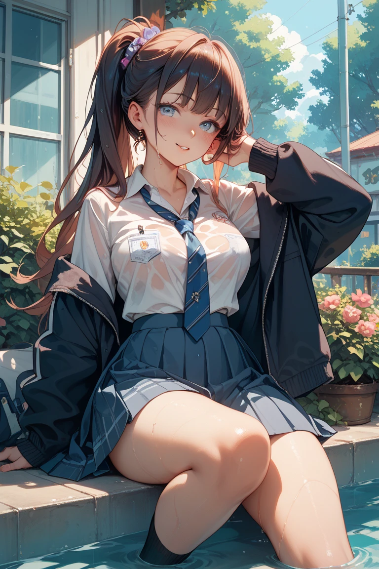 (8k, RAW Photos, 最high quality, masterpiece:1.2), high qualityのRAWカラー写真, Professional photo shoot, Cinematic Light, alone, (((young woman, Gal))), (Sharp features), (Small face), (Skin with attention to detail:1.2), clavicle, Cute face, Beautiful appearance, Long eyelashes,Girl Turning Around, smile, (Black Hair, Medium Hair、Heavy bangs), high school student, Open shirt, High School Uniform:1.2, Black jacket, Open jacket, jacket cuff buttons, White shirt, Check skirt, Midnight Hotel, Confident attitude, Capture the happy moment, Artistic painting,Attractive thighs, loose socks:1.2, sneakers:1.2, (Very fine touch:1.2), (はにかんだsmile), Peaceful atmosphere, Oil painting style, Bright colors, (Full body portrait), Smooth texture, Gazing Eyes, Beautiful Skin, Shiny skin, ((Perfect Fingers, Five Fingers, Anatomically correct)), Background Blur, high quality, Surreal, ((Very detailed, photo shoot)),(Skirt flip、I can see her panties),,midnight