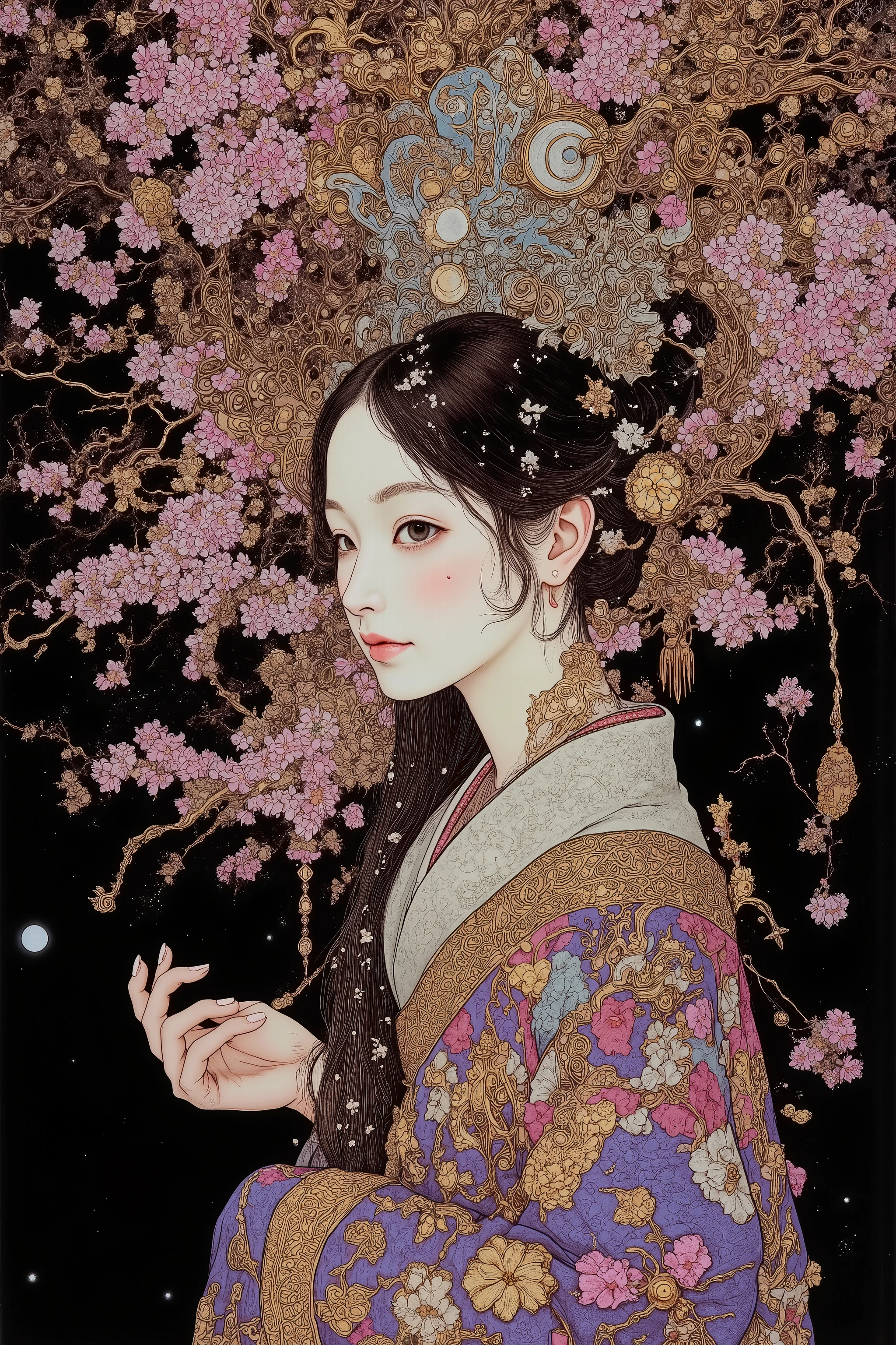 ((cherry blossom blizzard,beautiful cherry blossom)),(beautiful goddess),1 girl,fashion portrait,(off shoulder:1.3),facing to the left, showing the right side of her face,nape of the neck,back of the neck,sway,beautiful face,turime,oiran,geisha,kimono,hair ornament,beautiful neck,plump lips,tempting smile,slender face,feminine,sexy,black long hair,messy hair,covering chest by hand,beautiful hand,purple and gold kimono,gentle smile,((colorfull,vivid color:1.5)),sharp line,looking away,at night,pink,gold,black,skindentation,at night,black background, moon,moody,((melancholic:1.5)),(glowing fluorescent effect)),epic,gorgeous,film grain, grainy,moody lighting,dramatic chiaroscuro lighting,mysterious mood, Nihonga,Japanese painting style, Itō Jakuchū style,Gustav Klimt  Style,　　　　　　,junji ito style,scary ukiyo-e　　　