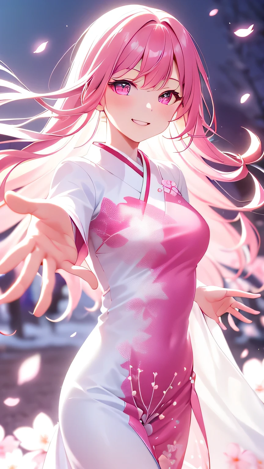 1 woman:1.2, pink hair, looking at viewer:1.1, eyes is gazng to viewer:1.1, cherry blossom, furisode like chiffon dress, embroidery inspired by cherry blossoms, a captivating gentle smile, eyes shimmering with a mysterious sense of happiness, both hands reaching out to touch the petals, The cherry trees are in full bloom, petals dance in the wind creating an enchanting scene, dreamlike glow, ((glowing,pink theme, light,outline, sparkle, gradient, gradient background, shiny, magic, pink theme)), (extremely detailed, high resolution, absurdres,4K)