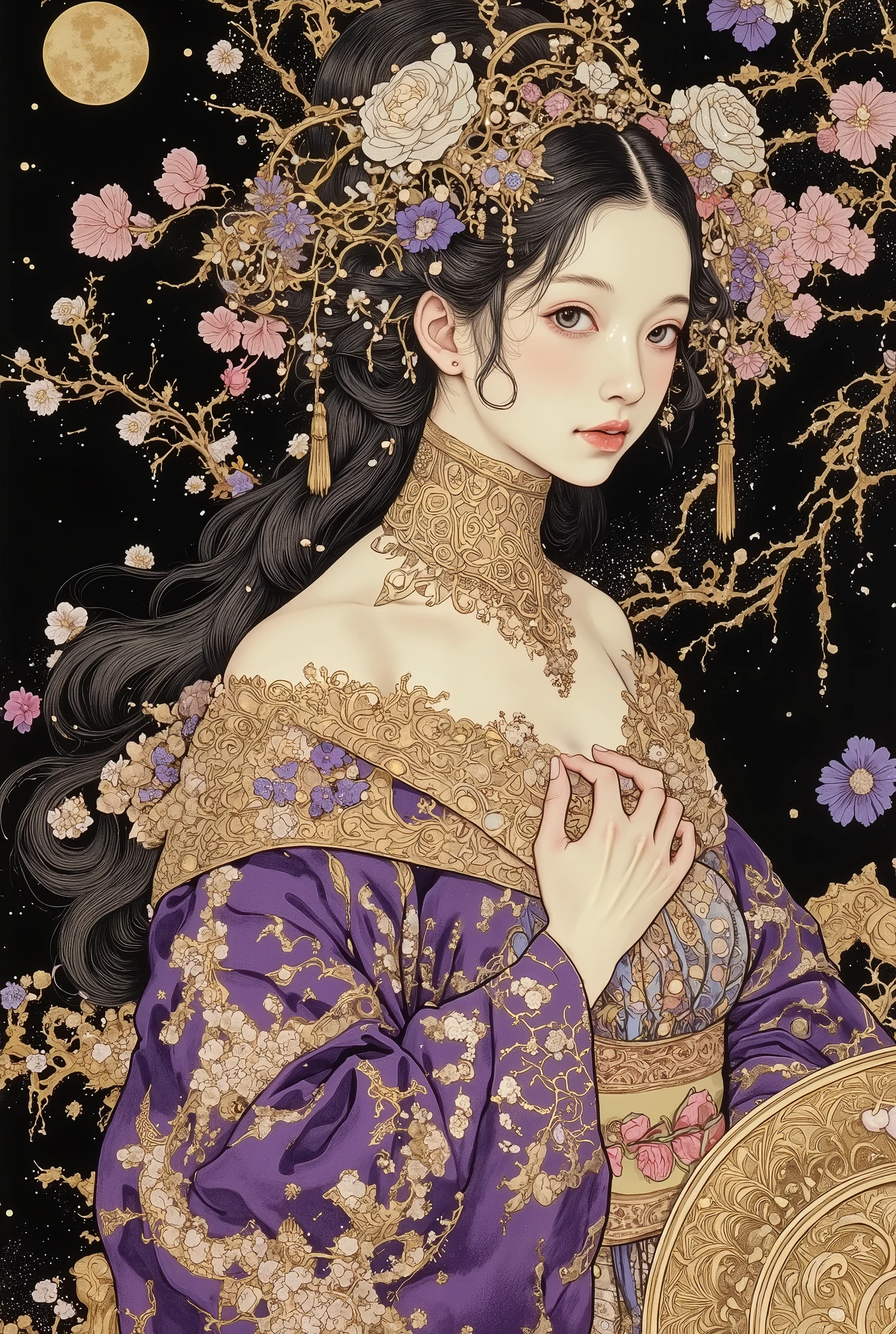 ((cherry blossom blizzard,beautiful cherry blossom)),(beautiful goddess),1 girl,fashion portrait,(off shoulder:1.3),facing to the left, showing the right side of her face,nape of the neck,back of the neck,sway,beautiful face,turime,oiran,geisha,kimono,hair ornament,beautiful neck,plump lips,tempting smile,slender face,feminine,sexy,black long hair,messy hair,covering chest by hand,beautiful hand,purple and gold kimono,gentle smile,((colorfull,vivid color:1.5)),sharp line,looking away,at night,pink,gold,black,skindentation,at night,black background, moon,moody,((melancholic:1.5)),(glowing fluorescent effect)),epic,gorgeous,film grain, grainy,moody lighting,dramatic chiaroscuro lighting,mysterious mood, Nihonga,Japanese painting style, Itō Jakuchū style,Gustav Klimt Style, ,junji ito style,scary ukiyo-e