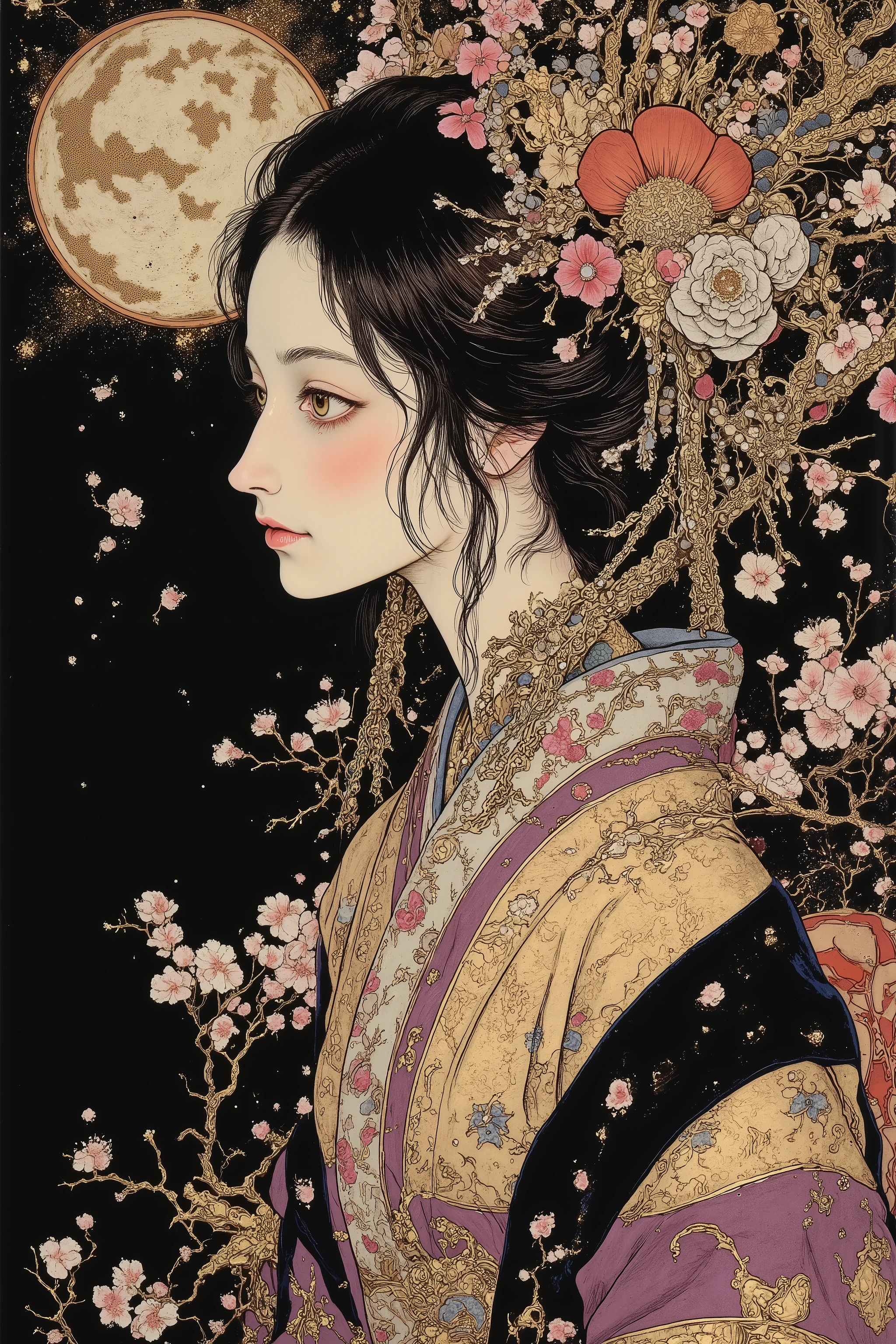 ((cherry blossom blizzard,beautiful cherry blossom)),(beautiful goddess),1 girl,fashion portrait,(off shoulder:1.3),facing to the left, showing the right side of her face,nape of the neck,back of the neck,sway,beautiful face,turime,oiran,geisha,kimono,hair ornament,beautiful neck,plump lips,tempting smile,slender face,feminine,sexy,black long hair,messy hair,covering chest by hand,beautiful hand,purple and gold kimono,gentle smile,((colorfull,vivid color:1.5)),sharp line,looking away,at night,pink,gold,black,skindentation,at night,black background, moon,moody,((melancholic:1.5)),(glowing fluorescent effect)),epic,gorgeous,film grain, grainy,moody lighting,dramatic chiaroscuro lighting,mysterious mood, Nihonga,Japanese painting style, Itō Jakuchū style,Gustav Klimt Style, ,junji ito style,scary ukiyo-e