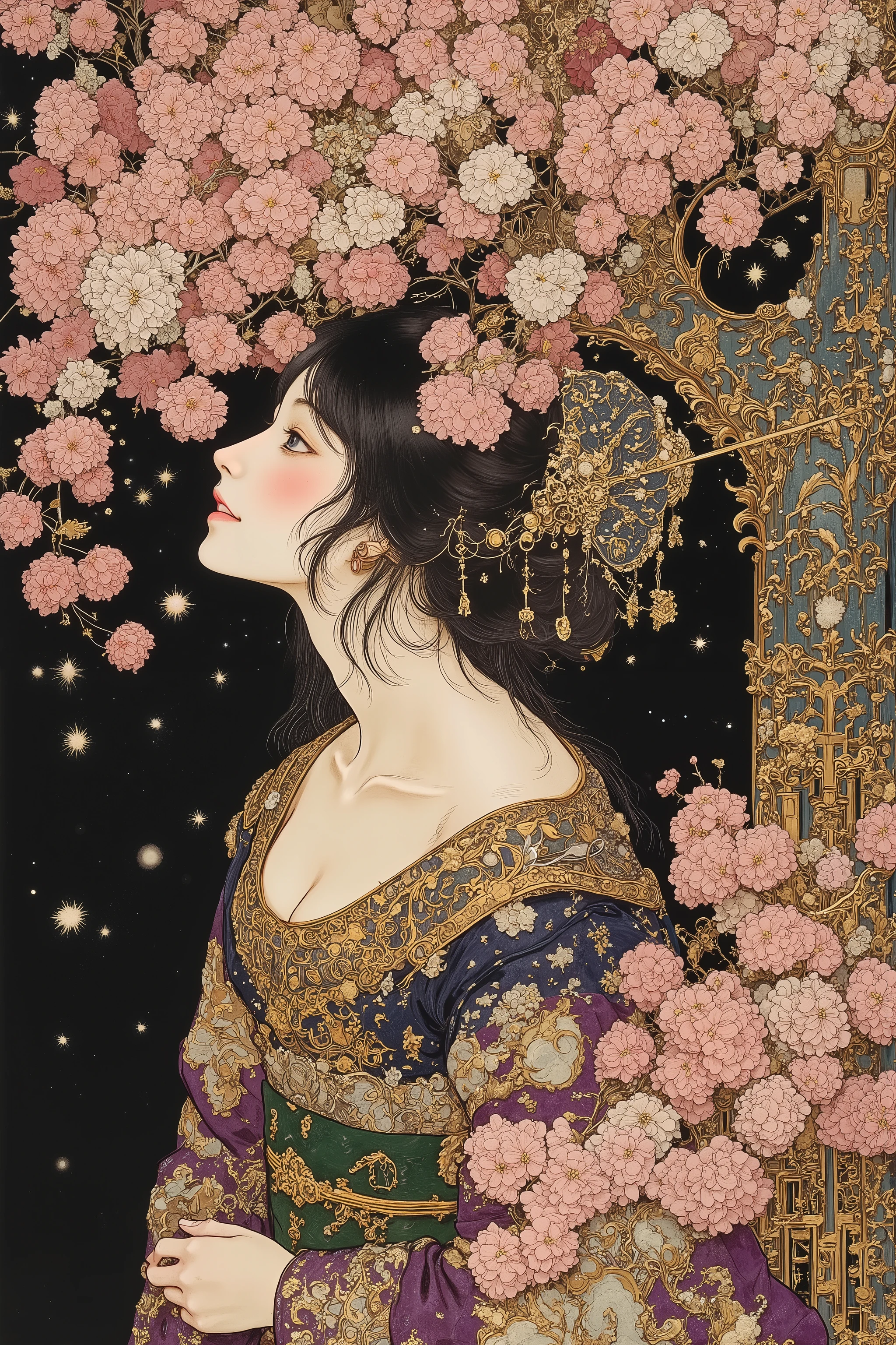 ((cherry blossom blizzard,beautiful cherry blossom)),(beautiful goddess),1 girl,fashion portrait,side view ,back shot,(off shoulder:1.3),nape of the neck,back of the neck,sway,beautiful face,turime,oiran,geisha,kimono,hair ornament,beautiful neck,plump lips,tempting smile,slender face,feminine,black long hair,messy hair,covering chest by hand,beautiful hand,purple and gold kimono,gentle smile,((colorfull,vivid color:1.5)),sharp line,looking away,at night,pink,gold,black,skindentation,at night,black background, moon,moody,((melancholic:1.5)),(glowing fluorescent effect)),epic,gorgeous,film grain, grainy,moody lighting,dramatic chiaroscuro lighting,mysterious mood, Nihonga,Japanese painting style, Itō Jakuchū style,Gustav Klimt Style, ,junji ito style,scary ukiyo-e