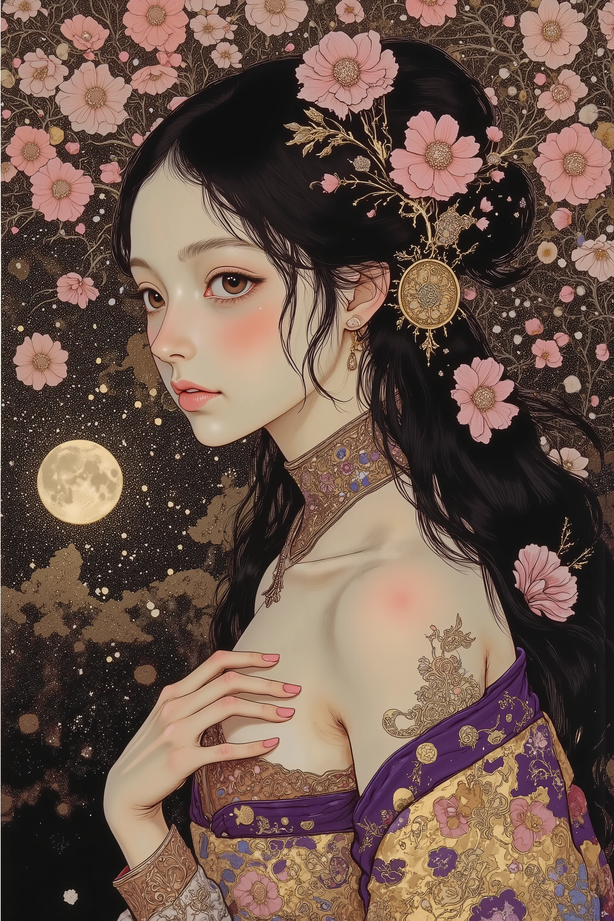 ((cherry blossom blizzard,beautiful cherry blossom)),(beautiful goddess),1 girl,fashion portrait,side view ,back shot,(off shoulder:1.3),nape of the neck,back of the neck,sway,beautiful face,turime,oiran,geisha,kimono,hair ornament,beautiful neck,plump lips,tempting smile,slender face,feminine,black long hair,messy hair,covering chest by hand,beautiful hand,purple and gold kimono,gentle smile,((colorfull,vivid color:1.5)),sharp line,looking away,at night,pink,gold,black,skindentation,at night,black background, moon,moody,((melancholic:1.5)),(glowing fluorescent effect)),epic,gorgeous,film grain, grainy,moody lighting,dramatic chiaroscuro lighting,mysterious mood, Nihonga,Japanese painting style, Itō Jakuchū style,Gustav Klimt Style, ,junji ito style,scary ukiyo-e