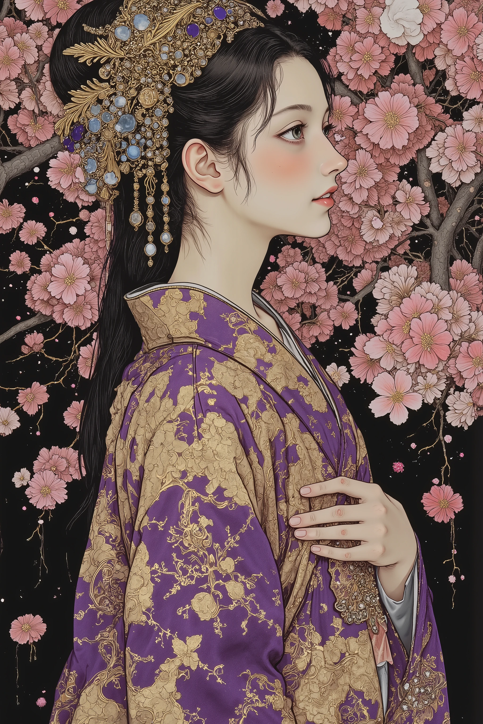 ((cherry blossom blizzard,beautiful cherry blossom)),(beautiful goddess),1 girl,fashion portrait,side view ,back shot,(off shoulder:1.3),nape of the neck,back of the neck,sway,beautiful face,turime,oiran,geisha,kimono,hair ornament,beautiful neck,plump lips,tempting smile,slender face,feminine,black long hair,messy hair,covering chest by hand,beautiful hand,purple and gold kimono,gentle smile,((colorfull,vivid color:1.5)),sharp line,looking away,at night,pink,gold,black,skindentation,at night,black background, moon,moody,((melancholic:1.5)),(glowing fluorescent effect)),epic,gorgeous,film grain, grainy,moody lighting,dramatic chiaroscuro lighting,mysterious mood, Nihonga,Japanese painting style, Itō Jakuchū style,Gustav Klimt Style, ,junji ito style,scary ukiyo-e