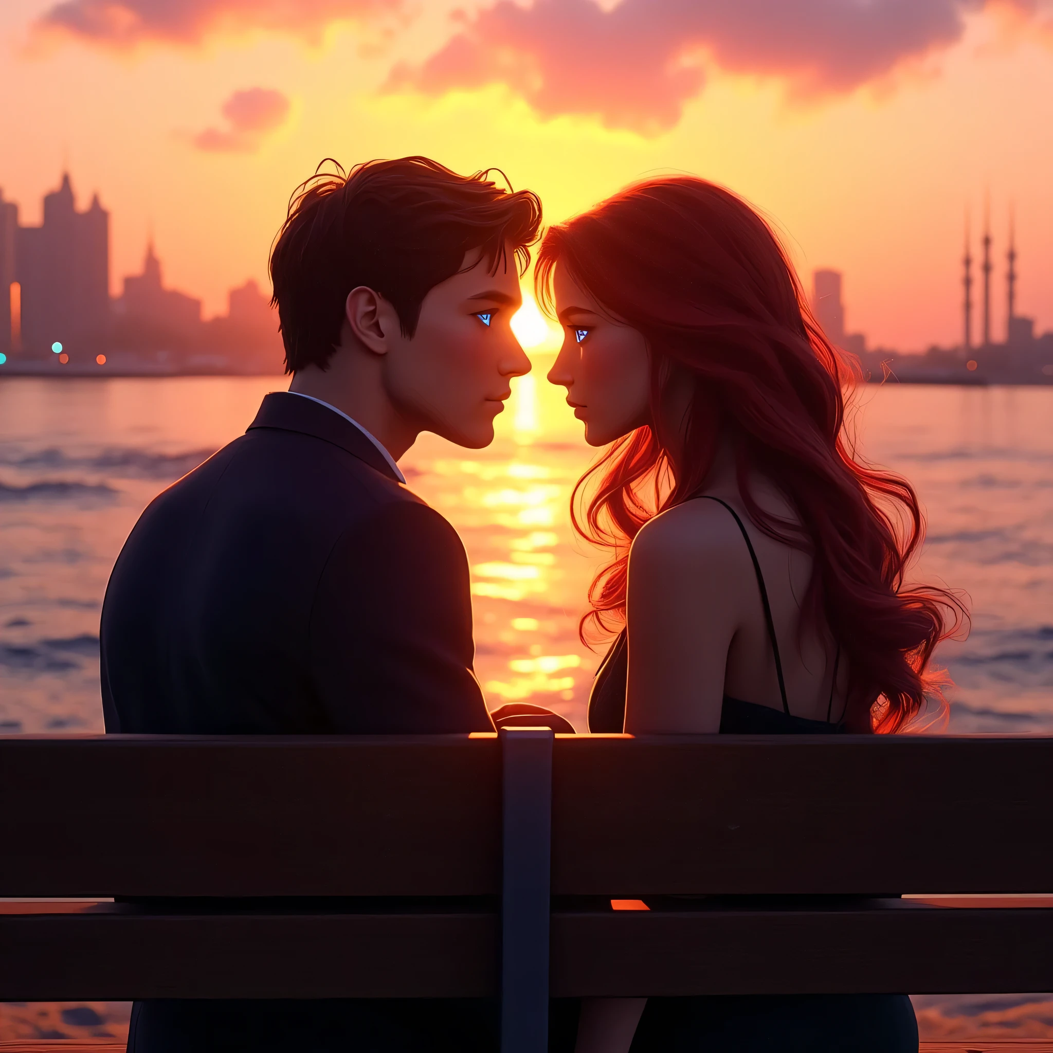 "İstanbul City Eminönü, A romantic sunset scene on the beach. A red-haired woman with striking blue eyes sits on a wooden bench beside a black-haired man with deep navy-blue eyes. The warm hues of the setting sun cast a golden glow on their faces. The ocean waves gently touch the shore, and the sky blends in shades of orange, pink, and purple. The couple appears deeply connected, gazing at the horizon. The atmosphere is peaceful and emotional, with a slight breeze moving the woman's hair. Detailed, semi-realistic art style with soft lighting and a dreamy, cinematic feel."