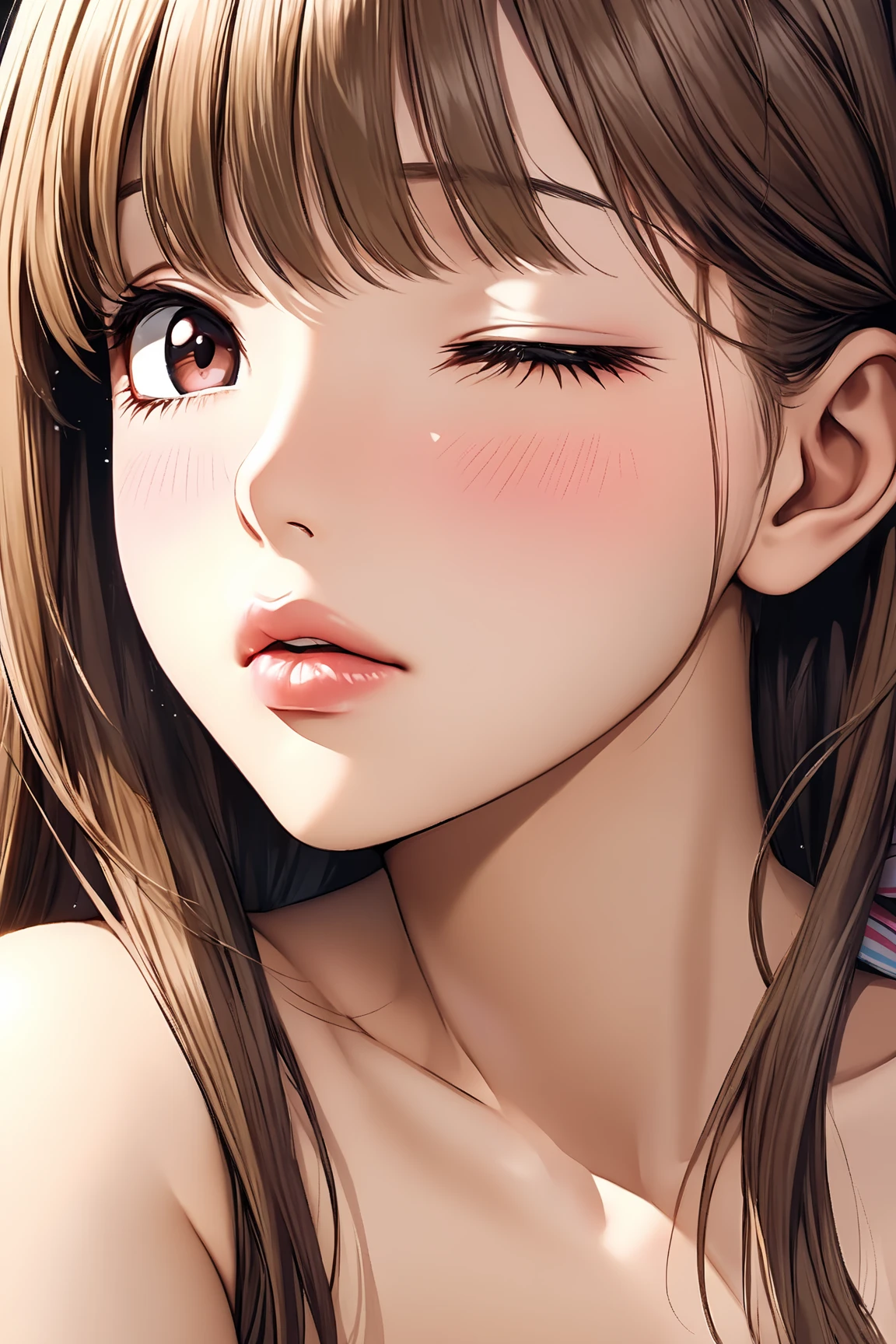 (8k、RAW Photos、Photorealsitic:1.25)、(lipgloss、eye lashes、Shiny face、shinny skin、best qualtiy、超A high resolution、depth of fields、chromatic abberation、Caustics、Wide range of lighting、Natural shading、Kpop Idle) The viewer looks calm and goddess-like with a sense of happiness、accurate depiction、Girl looking up、 Sperm on the face、cloudy spermatozoa、(Ahegao)、sticking out the tongue、(excited)、fullnude、The upper part of the body、shot from a side angle、sitting on a bed、