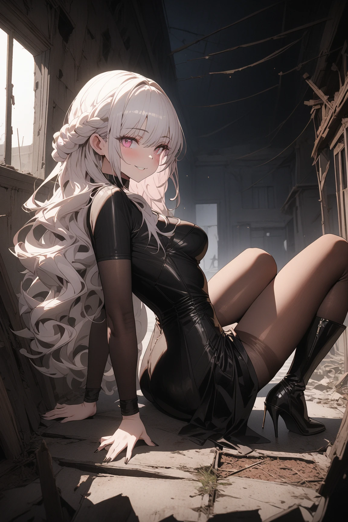 score_9, score_8_up, score_7_up, score_6_up, score_5_up, score_4_up, source_anime, 1girl, sit, white hair, long hair, green eyes, w-w-chain, iron cuffs, arms, messy hair, torn black shirt, skirts, high heels, dungeon, best quality, best res, 4K UHD,
 