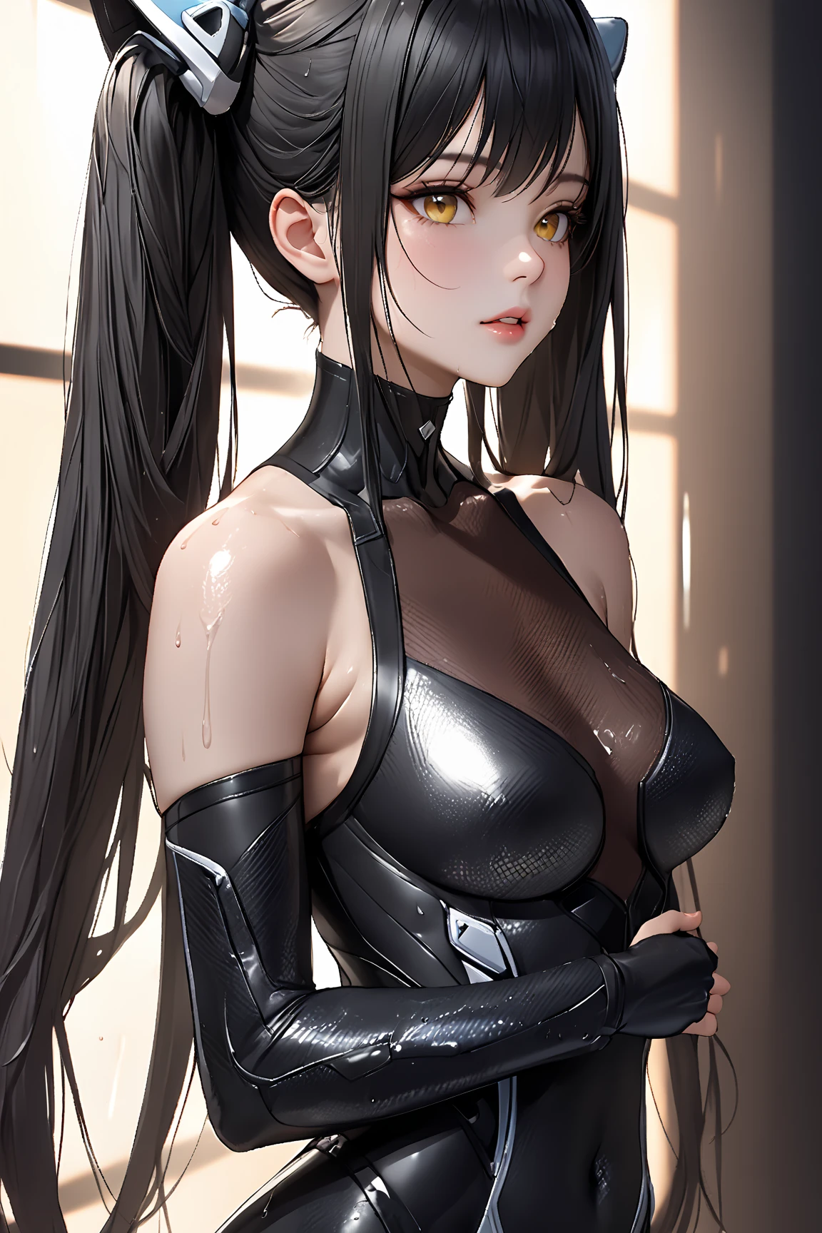 Photorealistic, Lip gloss, Realistic, Best Quality, Ultra High Resolution, Depth, pastel color, Natural Shading, Focus on the face, Face only, Looking at the viewer, Long hair, Black hair, brown and detailed eyes, Black Dress, gloves, Anatomically correct
