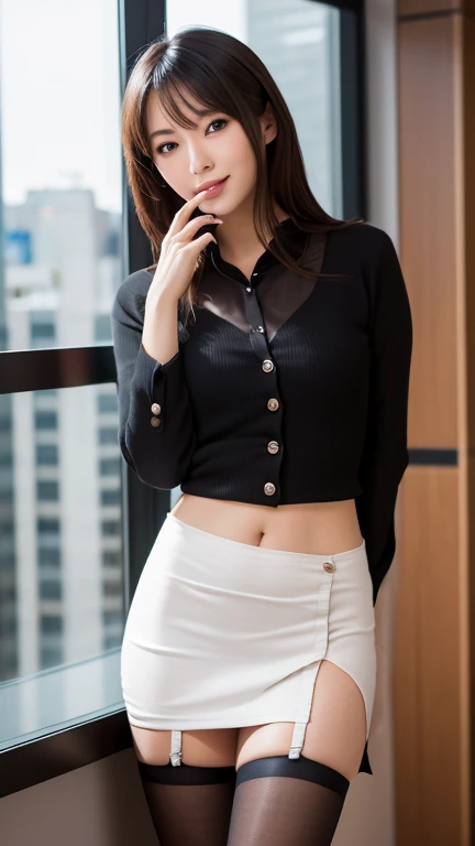 hightquality、top-quality、​masterpiece、8K、A hyper-realistic、Ridiculous、1 girl in、Perfect cute girl、cute little、s Office、Business suits open butten. no bra、Pen holder skirt、red blush、poneyTail、sitting on、(Open clothes、Expose the entire chest、Cheating skirt:1.1)、