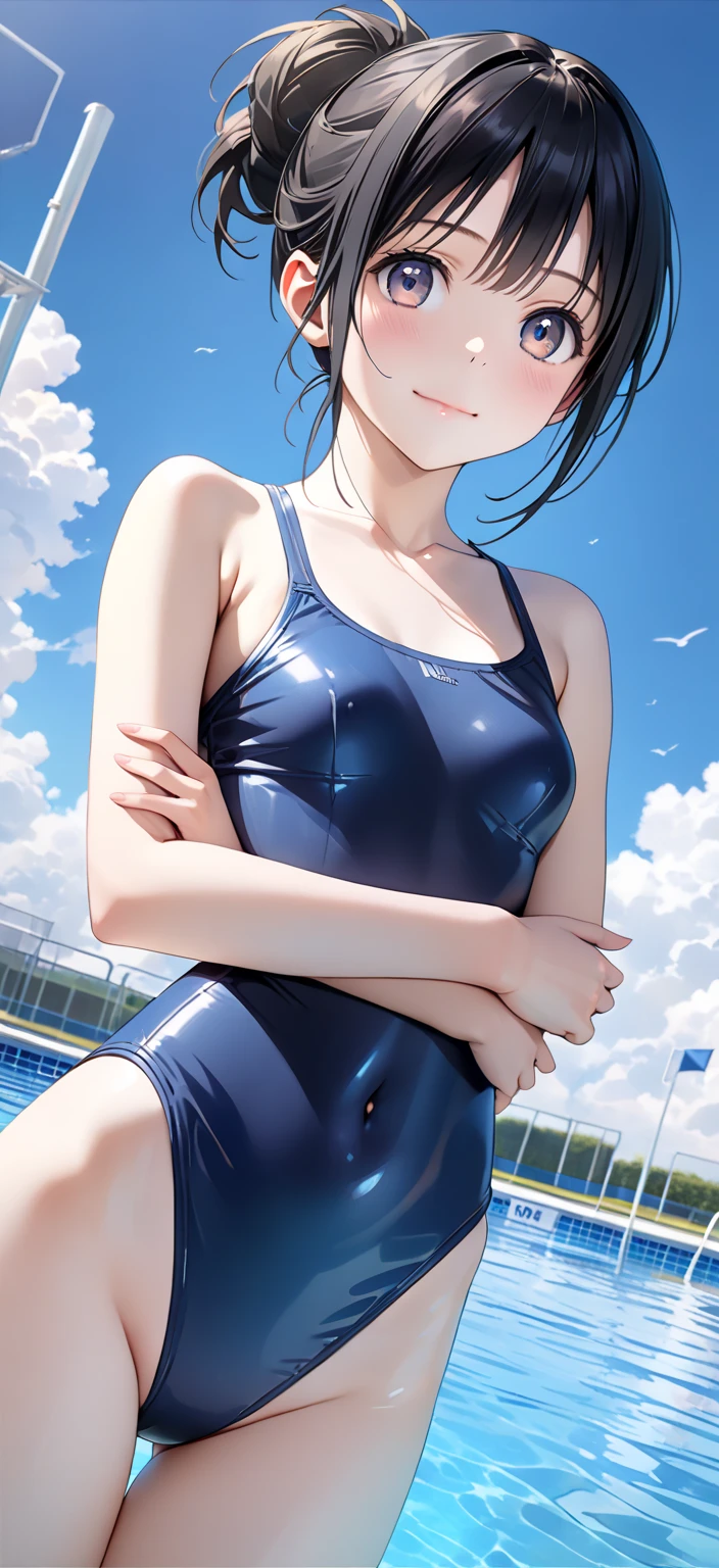 ((4ｋ、8ｋ、top-quality、Perfect Finger：1.3、Perfect Anatomy：1.3、Blur the background))、((a junior high school student、14years、Small breasts))、（twogirls、The first one has straight long hair、The second person has ponytail hair）、a smile、（swim wears）、Full body depiction、zoomout、in poolside、