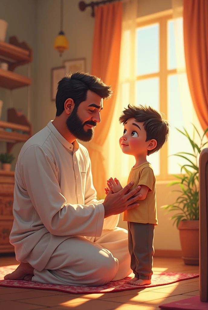 Scene 1: A young boy approaching his father
A young boy, around 7-, with short black hair, wearing a colorful T-shirt and jeans, is seen in a cozy living room. He looks curious and eager as he approaches his father, who is sitting on a comfortable chair. The father, a middle-aged man with a beard, wearing traditional attire, looks at his son with a gentle smile.