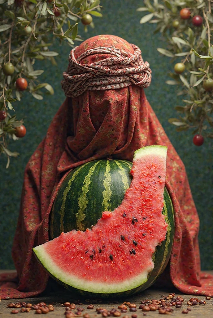 1woman, outdoor, vibrant color, fruit, desert, surreal photography by oleg oprisco, detailed, DSLR, depth of field, shot with canon eos r 5