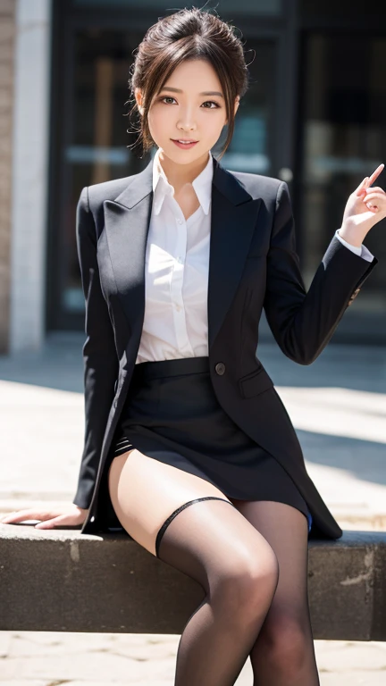 a 21 year old face of the most beautiful actress in the world, the perfect body proportions of a female, blazer is worn on formal shirt, exposed panties between opened legs under short skirt, female genitalia of lower body under detailed panties, pretty short hair cut for a female, sitting on a bench of the station, nsfw, best quality, highly detailed, masterpiece, ultra high res, photo realistic, 8k