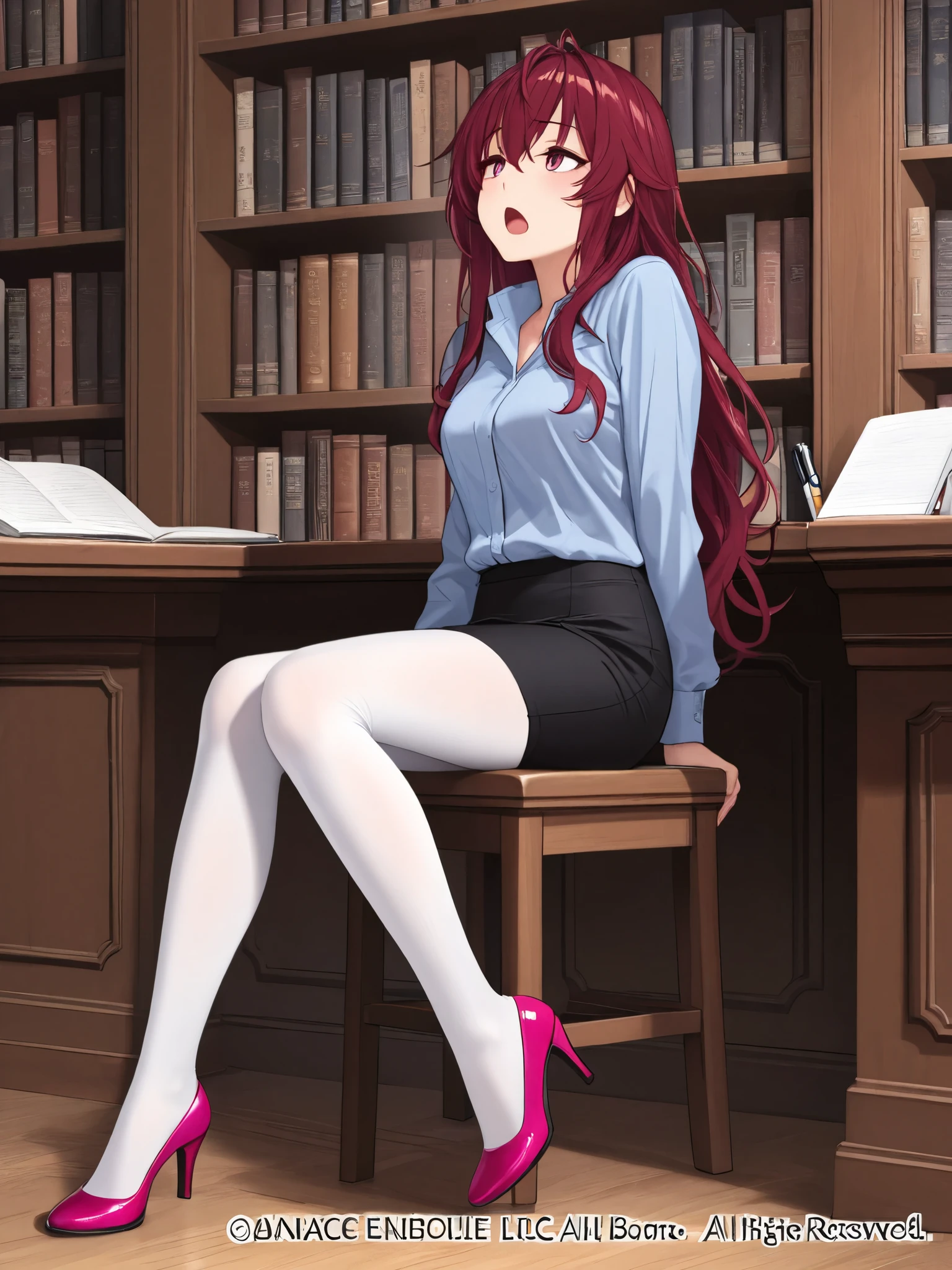 masterpiece, Best Quality, detail eyes, 1 GIRL AFTER SEX, {is sleepy:3.0}, Dizziness, { white tights:4.0}, white legwear, open mouth, {eyes open:3.0}, pencil skirt, dress shirt, Navy Shirt, Library, pen, official art, dark red hair, long hair, Lean back, tilts its head, high heels, saturated pink shoes, sitting, Notebook, Turning Eyes