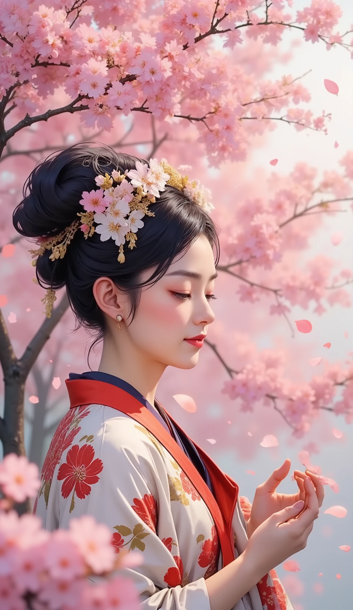 A geisha admires cherry blossoms in the garden, smiling, raising her head in delight, petals falling on her face, surrounded by branches of cherry blossoms, a cloud of flying petals, traditional oriental painting style, intricate headdress with flowers, spectacular lighting, subtle details, elegant pose, a masterpiece.