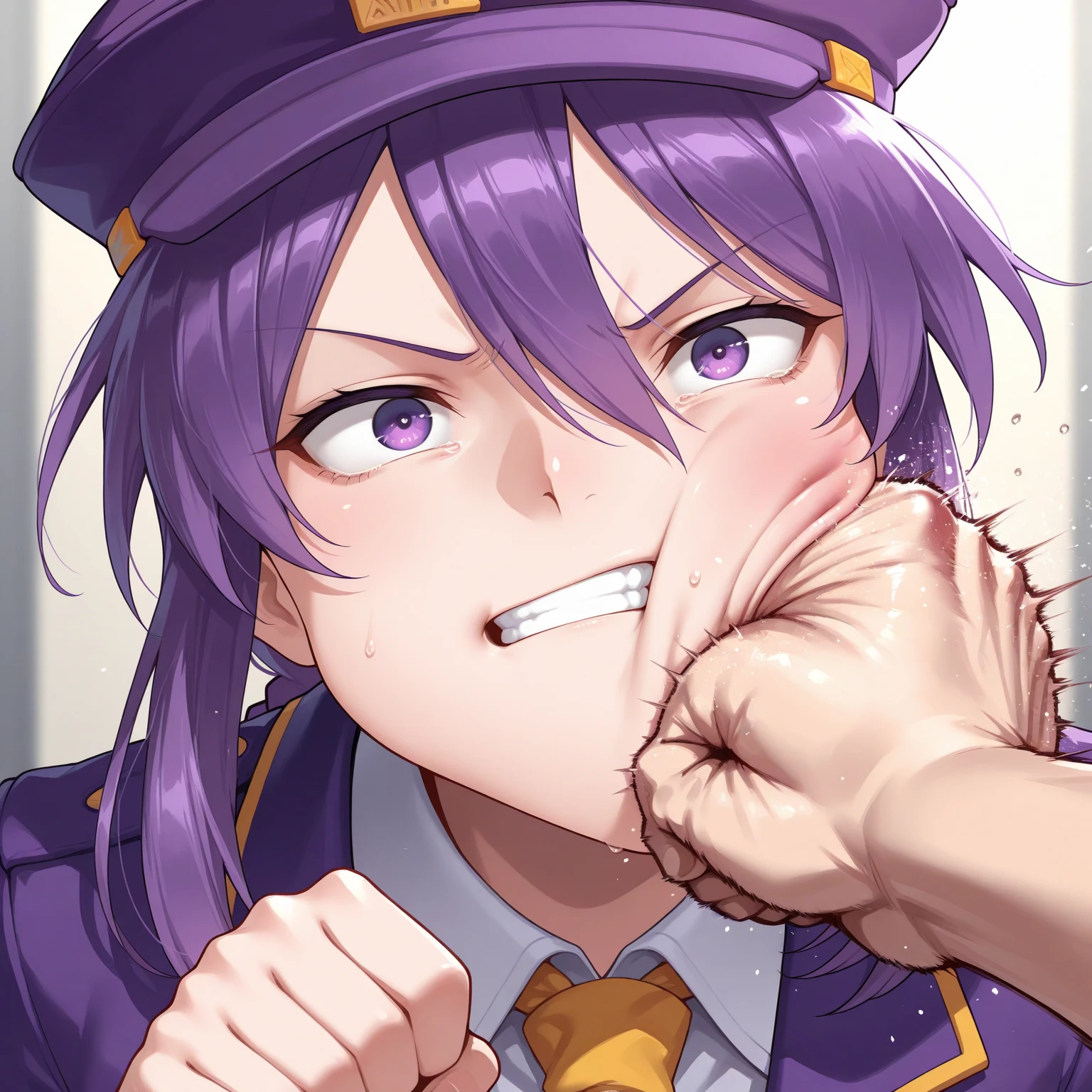 score_9, score_8_up, score_7_up, rating_explicit, masterpiece, best quality,high quality,highres,very aesthetic, absurdres, high detailed,optimal lightning,4k,8k wallpaper, source_anime, uncensored,official art, official style, megami magazine,BREAK,1girl,sophie, blue hair, short hair, bangs, green eyes, tantei,hat,unamused,annoyed,disappointed,embarrassed,kneeling,handjob,looking up,BREAK,1boy,nude,penis,one hand on another's head,BREAK,from above,alley,