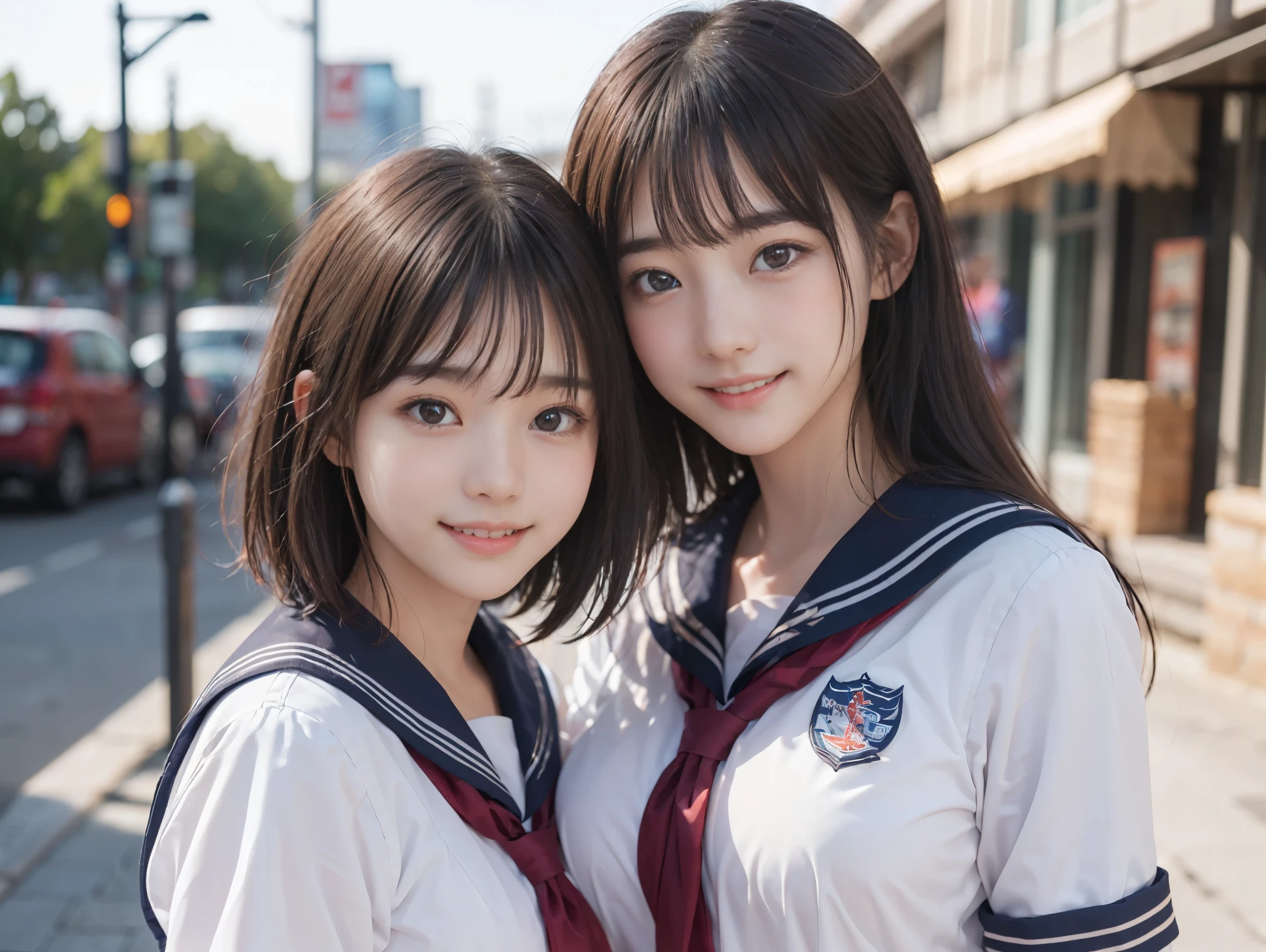 ((Two girls standing side by side)), ((sailor suit)), (portrait), (((The girl on the left has large breasts, The girl on the right has small breasts:1.4, The girl on the left has short hair, The girl on the right has long hair, The girl on the left has a cool expression, the girl on the right has a cute expression:1.2))), ((pale skin:1.3)), (smile, baby face:1.3), sunset lighting, in street, (best quality), realistic, (live-action, complicated details), Natural Skin Texture