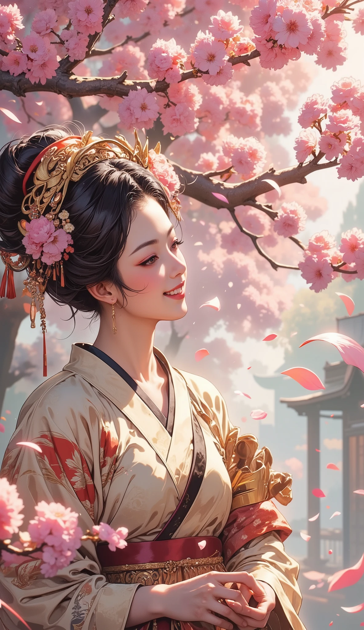 A geisha admires cherry blossoms in the garden, smiling, raising her head in delight, petals falling on her face, surrounded by branches of cherry blossoms, a cloud of flying petals, traditional oriental painting style, intricate headdress with flowers, spectacular lighting, subtle details, elegant pose, a masterpiece.
