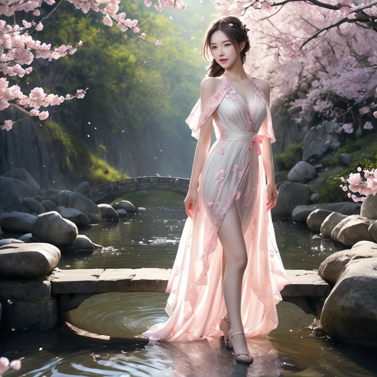 fodress(quality improvement:1.4),1girl, Full breasts,Visible cleavage,Sexy long legs,The skirt is short,She gently lifted her skirt with one hand,Surrounded by white Phalaenopsis orchids,Lilac dendrobium、White Lily, Flying petals,(Top quality leather), Delicate face,Black Hair, Gradient hair, Body,(Body1.1), He has a precious gem on his forehead., Shining Student,Long eyelashes,Smile, Surrealism, Movie Lighting, Projection Insertion, Surrealism, Ultra HD, masterpiece,lie,Keep dreaming,Open your legs slightly.,Tattoo,Fantasy Space,Luxurious space,Exquisite makeup,Blush,Shy expression