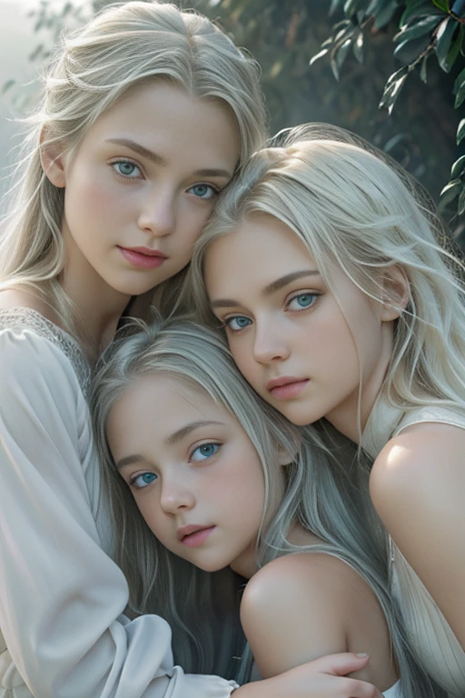 a group of VAMPIRE CHILD GIRLS, PORTRAIT, WITH VERY LONG STRAIGHT BLONDE HAIR, PORTRAIT, people standing around each other in the snow, PETROLEUM BLUE BACKGROUND.