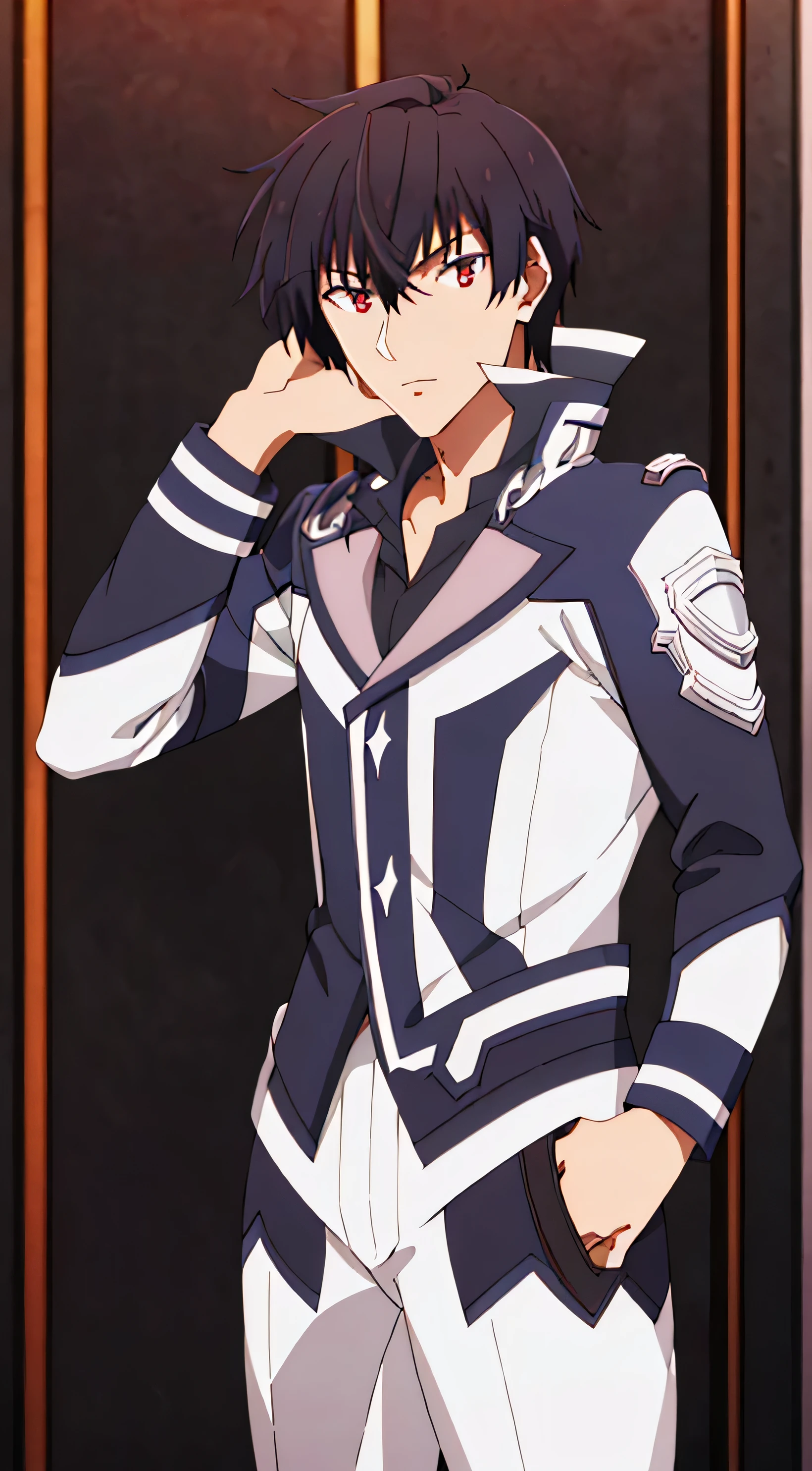 masterpiece, best quality, , 1boy, solo, male focus, looking at viewer, , , ligne claire, , anos_voldigoad, black hair, red eyes masterpiece, maximum quality, 4k, ultra detailed, (highest quality:1.2, Very detailed, up to date, Vibrant, Ultra-high resolution, High Contrast, masterpiece:1.2, highest quality, Best aesthetics),