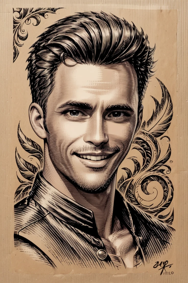 1 man, middle-aged man, smiles, solo, white skin, attractive, sexy, muscular, handsome, muscular man, tall, big biceps, abdomen, broad shoulders, open chest, short hair, fit body, shirtless, swimming trunks, highly detailed, viewer looking. Mandala style background, sketch, line art, white background. Line art picture, black and white, monochrome, high resolution, best quality, very detailed, thin line drawing, detailed, intricate details.