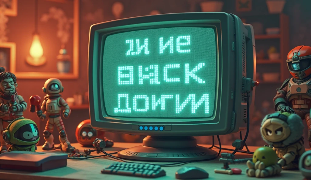 Create a high-quality picture, in animated style, where there is a computer and a monitor, the monitor says "I'll be back soon " in Russian, and there are Doom toys around the monitor