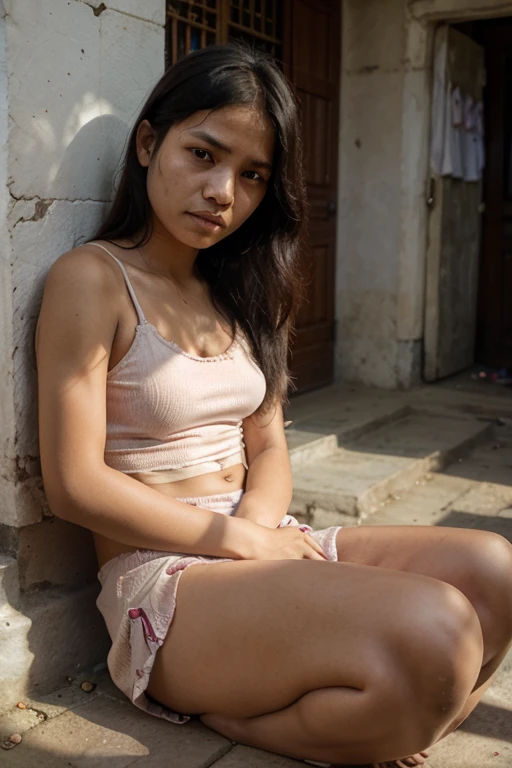((photorealistic)), RAW Candid Cinema, 16mm, color grading portra 400 film, prominent colors, Super realistic, Filmed with cinematic camera, detailed skin texture, Subsurface scattering、 (((cute poor refugee woman)))、 best quality, (Very dark basement)　 ((messy hair)) 、　((((full nude))))、(detailed eyes)、((no makeup))、、(real face))、((No makeup))、(((beautiful skin)))、(((Skinny, boyish body)))、(((Get angry)))、((Air raided room))　Uniform skin color、(((shortcut)))　(((sit on the bed)))　((close up of face)) 　black background　Borneo tribes　　((boyish))　(((6 years old)))、
