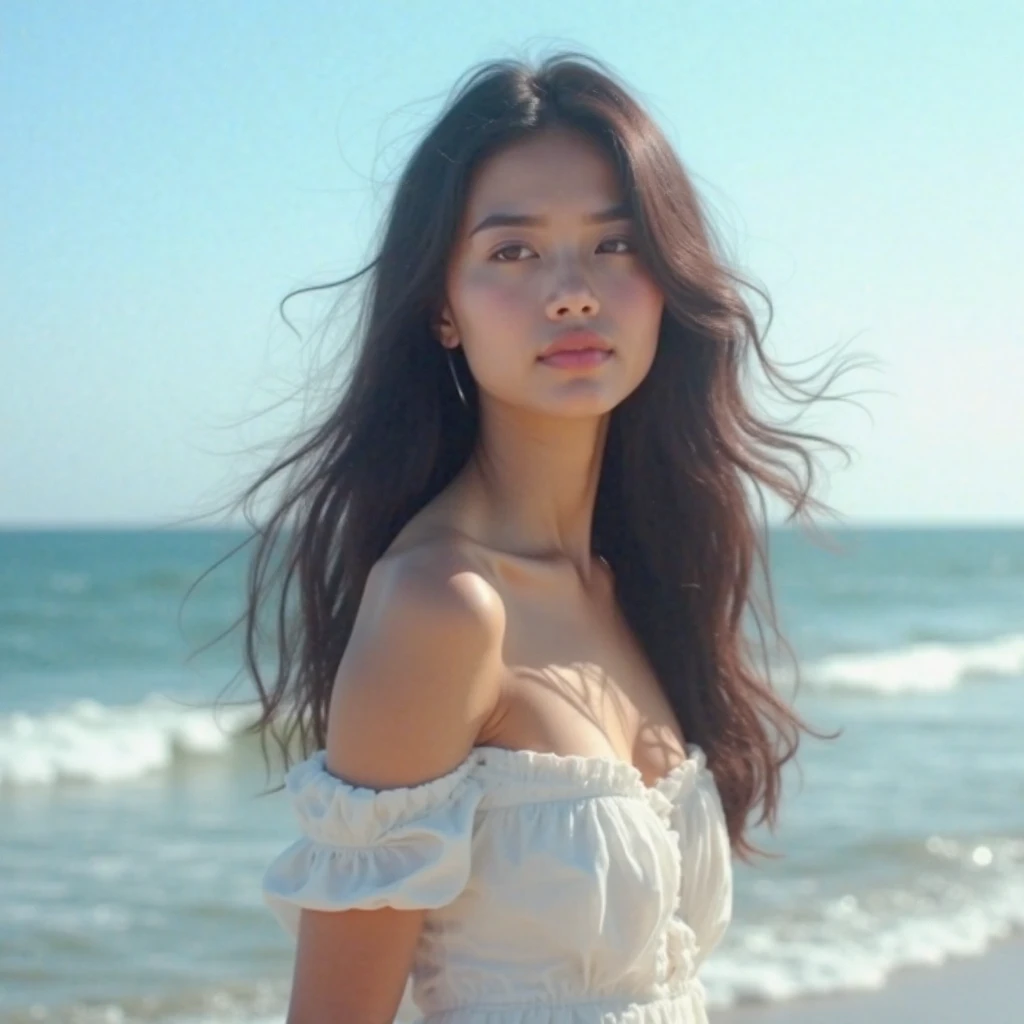 A modern, elegant and beautiful young woman with long flowing dark hair ...
