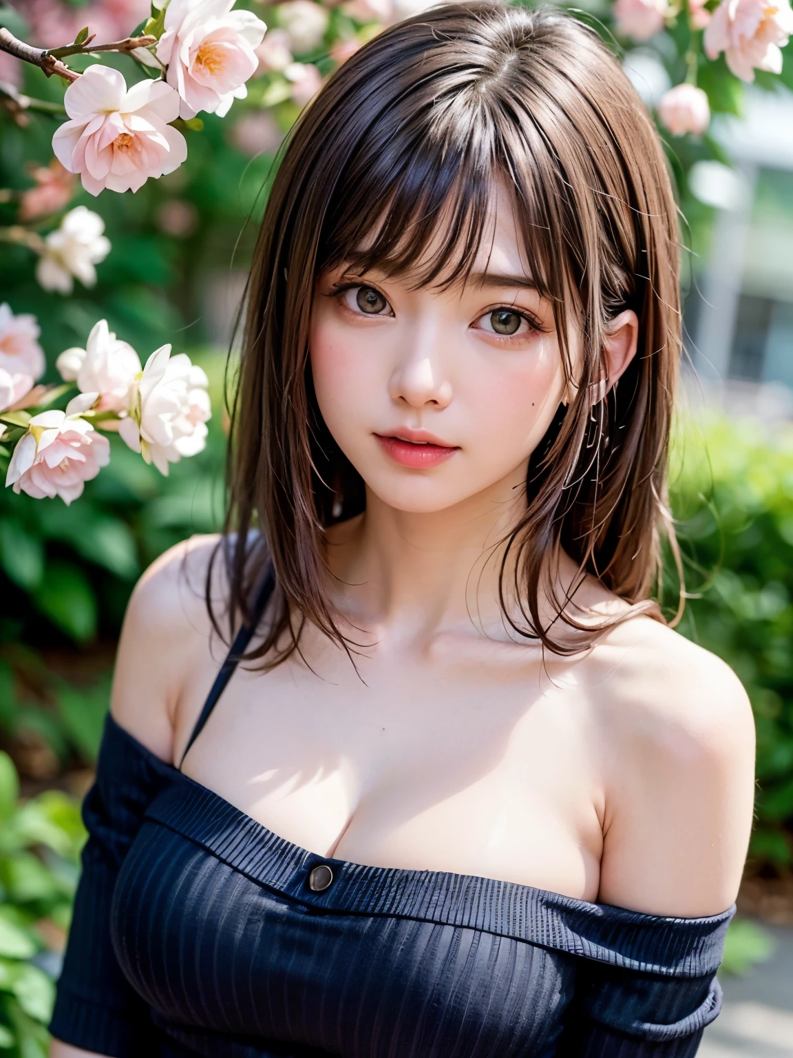 (Masterpiece, BestQuality:1.3), (ultra detailed:1.2), (hyperrealistic:1.3), (RAW photo:1.2),High detail RAW color photo, professional photograph, (Photorealistic:1.4), (realistic:1.4), ,professional lighting, (japanese), beautiful face, (realistic face), cute woman, (Brown Hair, Big Tits:1.5), (cheerful Smile:1.5), Trending Hair&Trending Hairカラーをランダムに, earrings, necklace, bracelet, sexly, erotic sexly, Random sexy gravure poses, (A woman in a kimono、Striking an elegant pose in the garden、Wide open collar。:1.3)