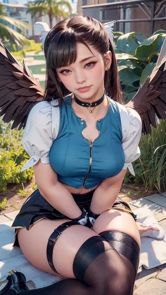 (masterpiece, best quality), front shot, 1girl, kawaii, (super big breasts, micro waist, very long legs:1.2), medium hair, Black hair, short height, scrawny and thin body, tiny cute face, cute smile, mini skirt, pigeon-toed, sweaty, big visible ribs