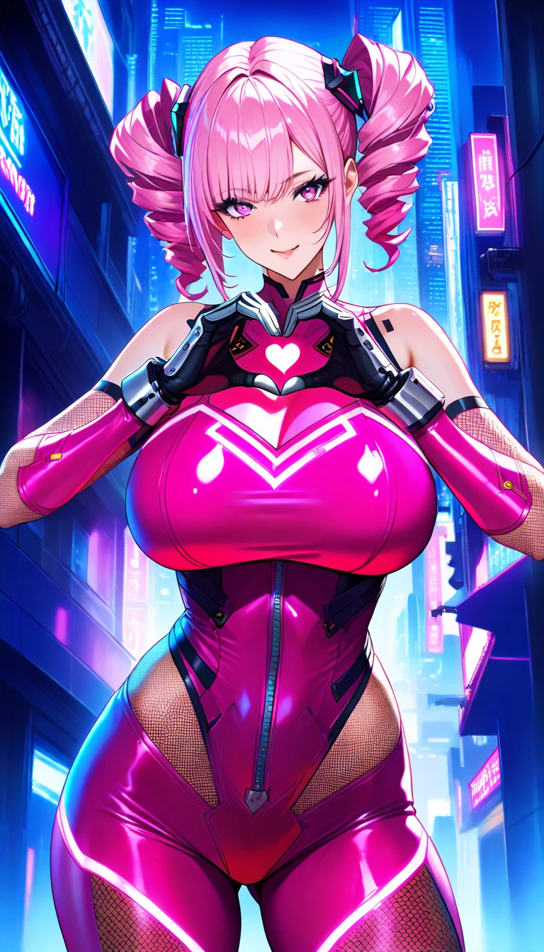 Scarlett Johannson em Fantasma na Concha, short pink hair, tight white bodysuit with big breasts, fake breats, huge breats , Skyline of a war-torn city at night

