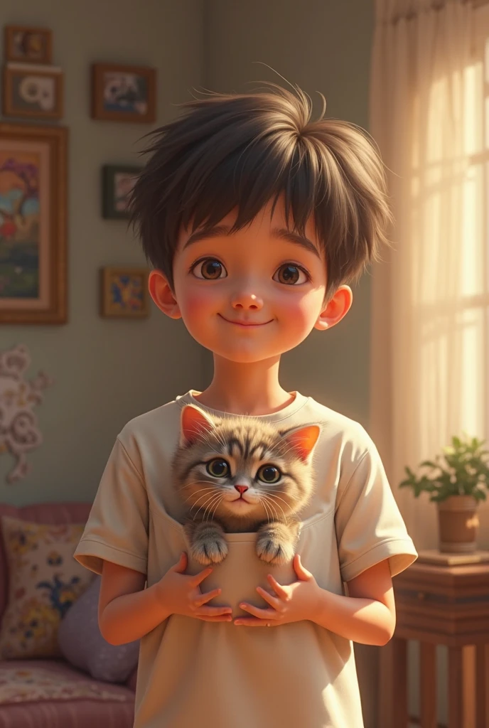 cute boy with white ti shirt and black hair sit with cat hold on hand