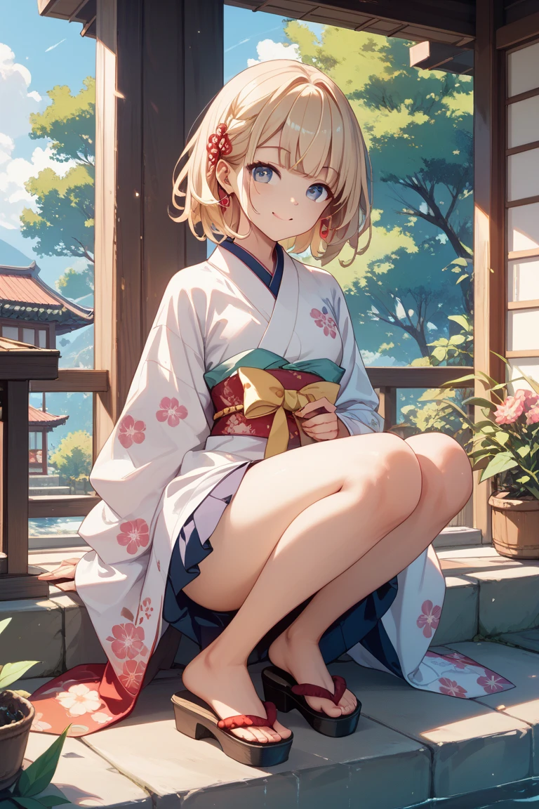 a blonde、Red eyes、Beautiful girl alone、Sexy、Princess Cut、Floral Kimono、Western-style castle、Meticulous feet、Fingers arranged neatly