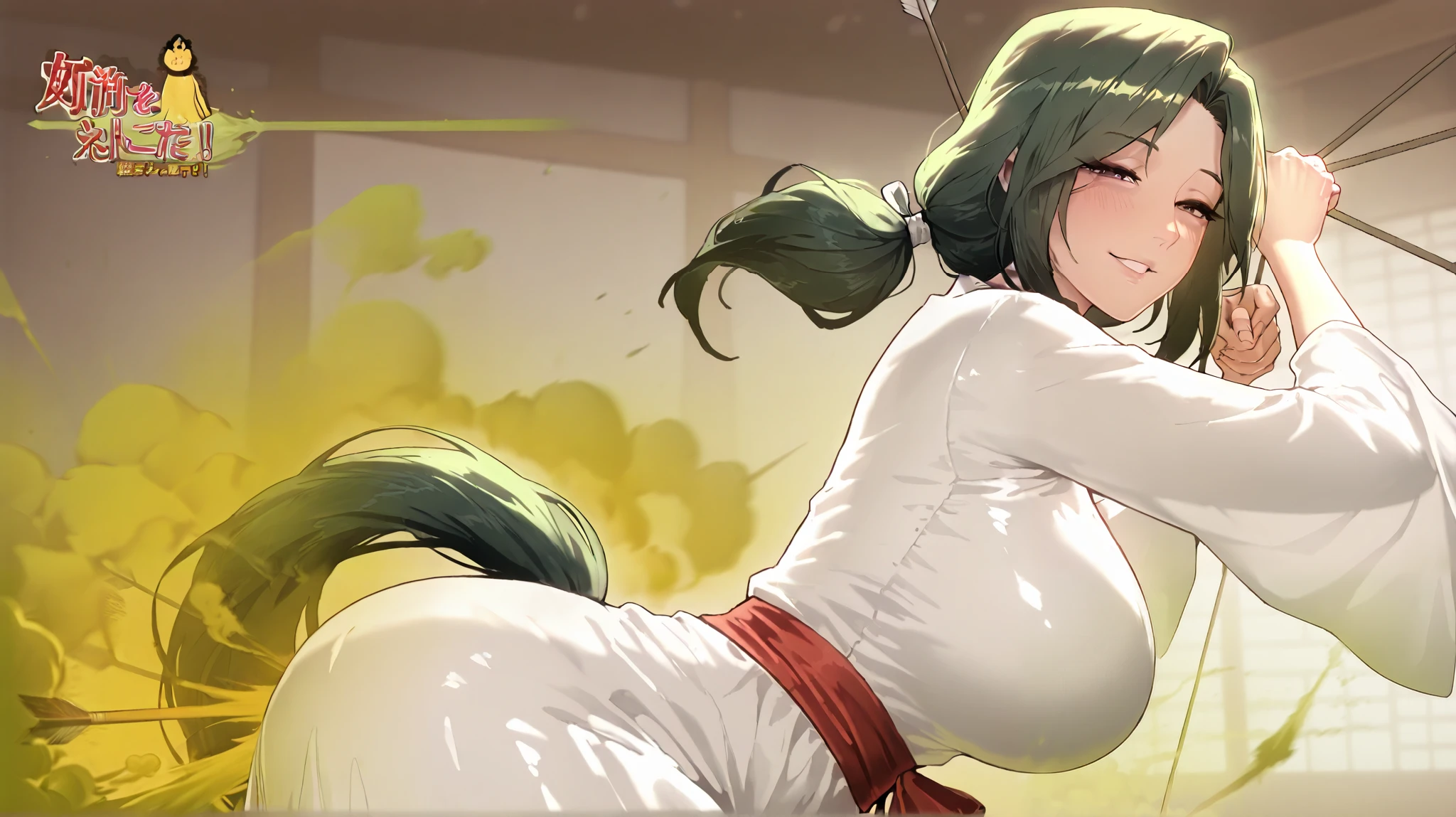 masterpiece, best quality amazing quality, mature female, green hair, pony tail, parted bangs, milf, soft light, high detailed, best quality, miko dress, solo, from side, looking at the viewer, fart, farting, smile, lower view, holding bow and arrow, action pose, text effect "FFFFFRRRRTT!!",