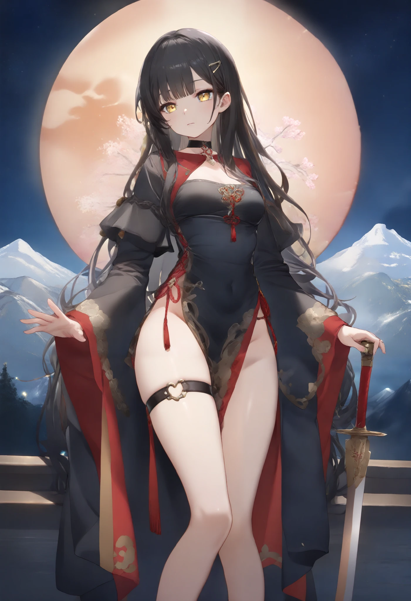 A beatiful mature pale dark haired vampire lady looking at a red haired sexy witch girl with teal eyes, outdoors, night, moon, good quality