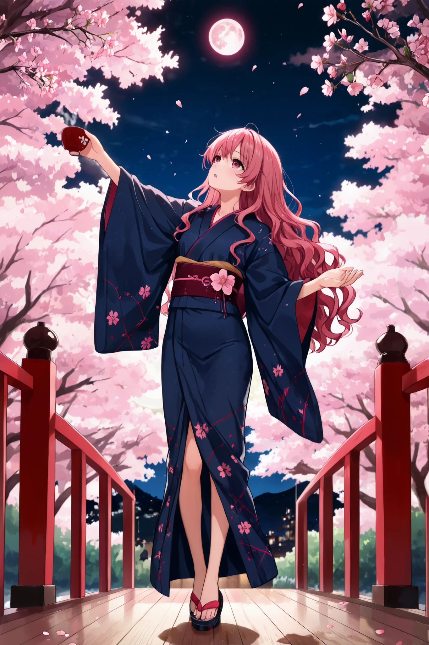 full body、((A girl who is 165 cm tall, has a bust size c cup, is 20 years old, and has long wavy hair with red and pink hair))、The chest is visible、I look up at the sky、with open arms、Eyes Half Open、Pensive face、((Navy blue kimono with dark pink lines))、Red Japanese-style underwear under a dark blue kimono、(There is a small pink flower pattern on the kimono)、night、Big moon back、Cherry Tree、Cherry blossom petals fluttering around girls、fantastic、Cherry blossom petals are shining、Beautiful scenery of moonlight and cherry blossoms