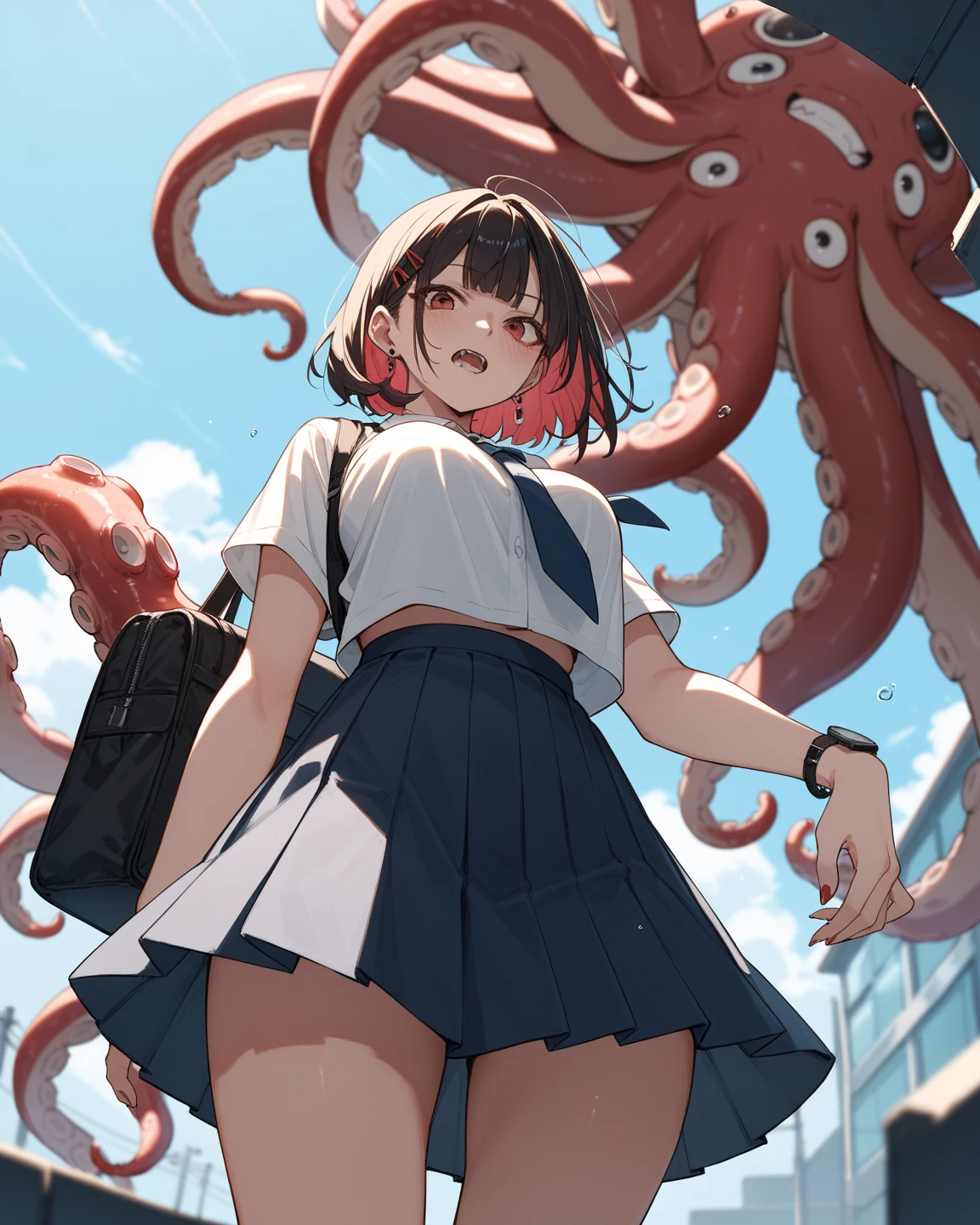 One woman, 2、woman and octopus、Glasses、Black Hair、Big Breasts、Medium Hair、Navy blue business suit、Mini tight skirt, bow, Highest quality, Detailed face, office, Detailed Background, night、Ginza City、Neon Sparkle、Depth of Field, Bokeh、Back view、An octopus and a woman enter a love hotel,Drunk、Holding hands with an octopus、looks fun、smile、Full body、Landscape Main