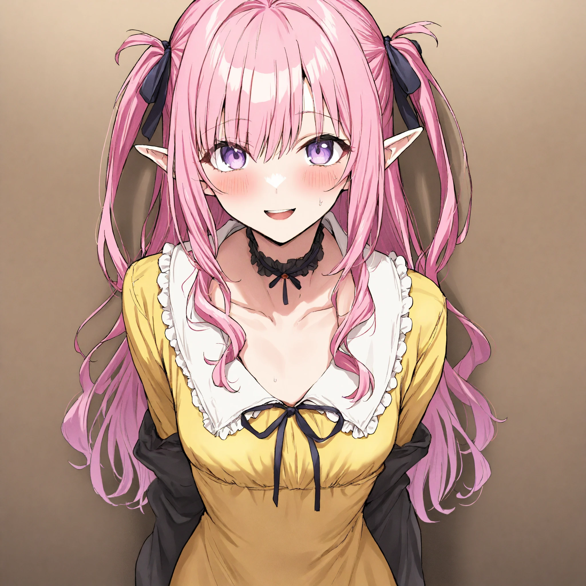 masterpiece, Best Quality, very aesthetic, newest, absurd dress, high resolution,
1 GIRL AFTER SEX, Alone,
 pink hair , light purple eyes, Long Hair, Curled side locks, place arms back and forth, asymmetrical bang, pointed ears, elf,
viewers, is reaching out to viewers, smile, open your mouth, 
frills, yellow dress,  long sleeve, detachable sleeve, choker, ribbon,
 Tanemura Ayaki