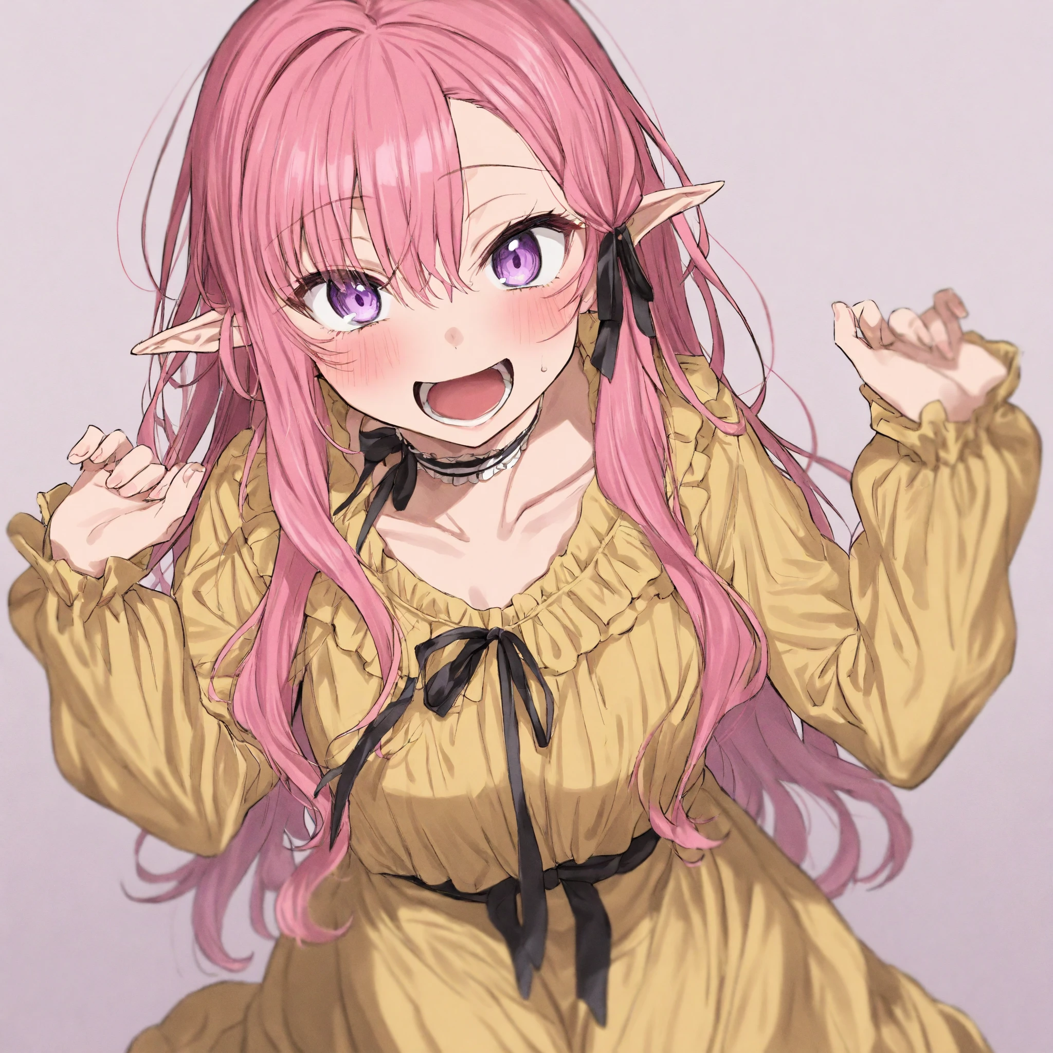 masterpiece, Best Quality, very aesthetic, newest, absurd dress, high resolution,
1 GIRL AFTER SEX, Alone,
pink hair , light purple eyes, Long Hair, Curled side locks, place arms back and forth, asymmetrical bang, pointed ears, elf,
viewers, is reaching out to viewers, smile, open your mouth,
frills, yellow dress, long sleeve, detachable sleeve, choker, ribbon,
Tanemura Ayaki
