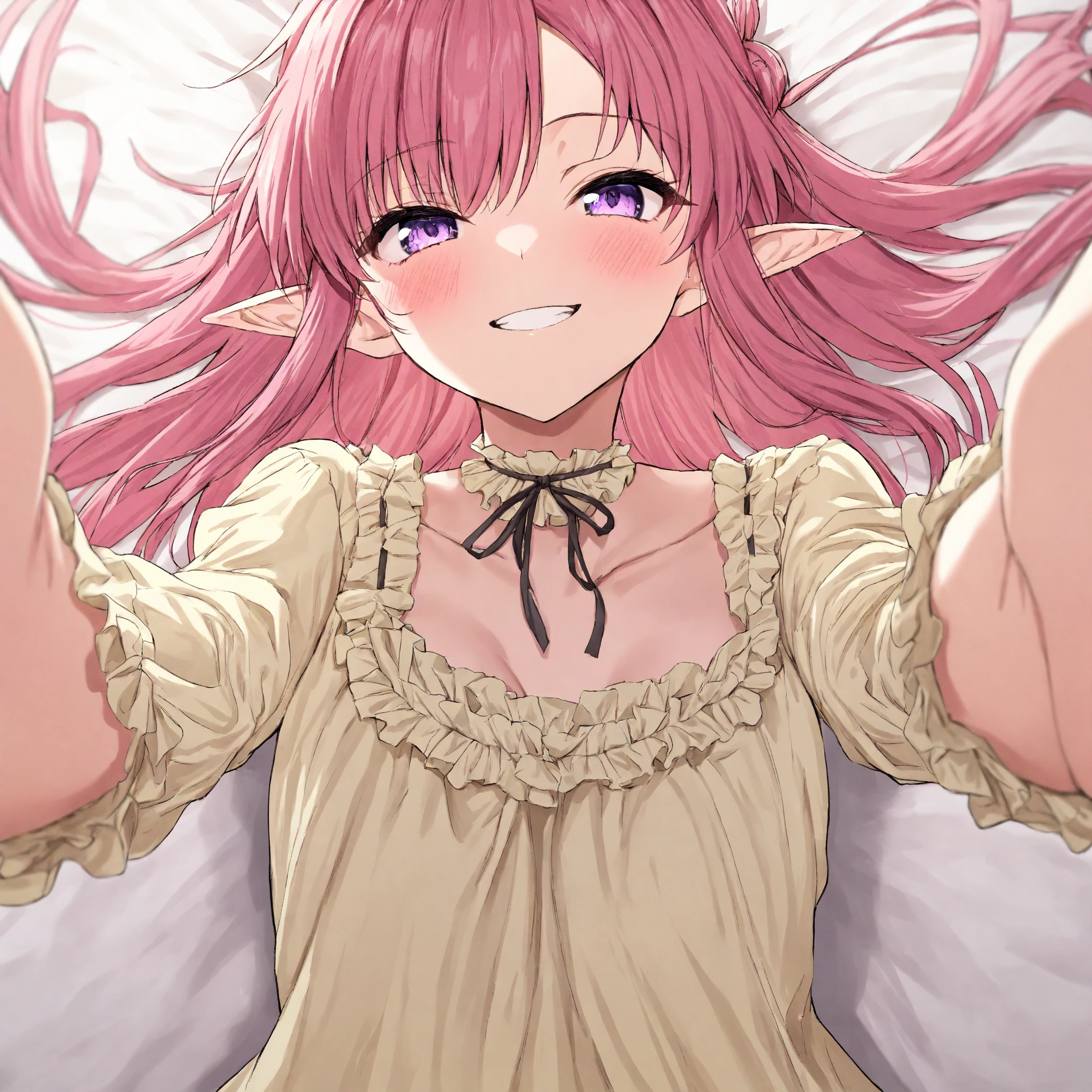 masterpiece, Best Quality, very aesthetic, newest, absurd dress, high resolution,
1 GIRL AFTER SEX, Alone,
pink hair , light purple eyes, Long Hair, Curled side locks, place arms back and forth, asymmetrical bang, pointed ears, elf,
viewers, is reaching out to viewers, smile, open your mouth,
frills, yellow dress, long sleeve, detachable sleeve, choker, ribbon,
Tanemura Ayaki