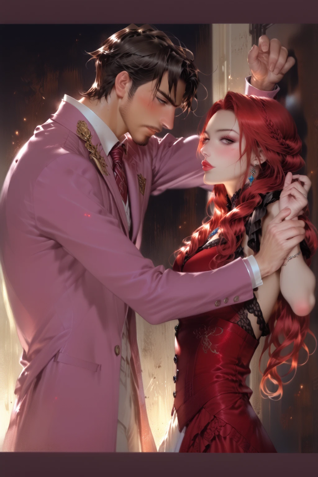 cheered up, a woman in a red dress is sitting on a man's lap, cheered up Clave visual of elegant, Clave visual, today's featured cheered up still, puce and vermilion, screenshot from a 2012s cheered up, destiny / Overnight stay, official cheered up artwork, still from cheered up, 2 second, 2b, Vermilion, key art