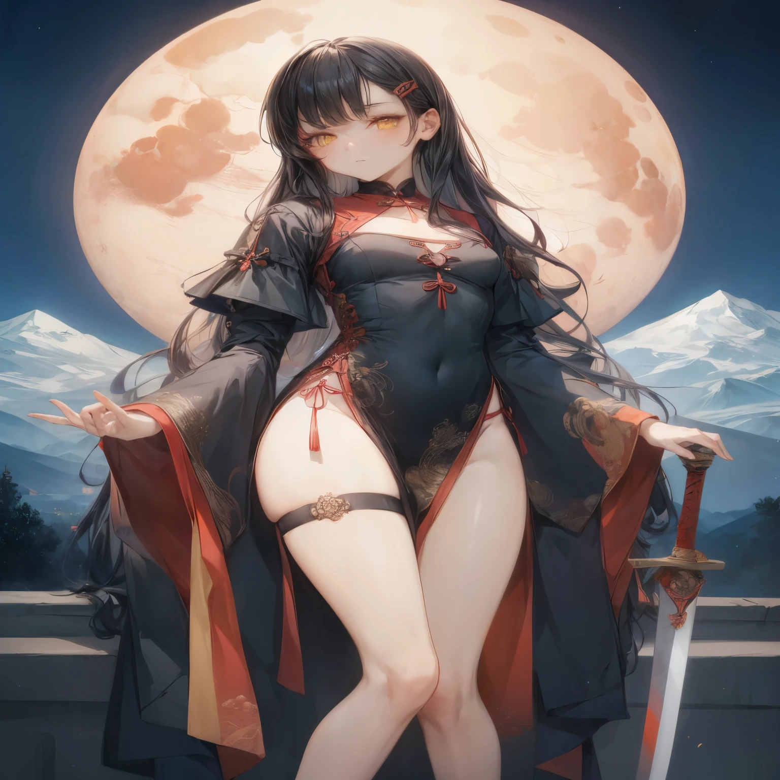 Highest Resolution,Highest quality,A beautiful girl with no expression in a kimono leotard,(((Missing legs))),High leg,Floating in the air,Very beautiful red eyes,Black hair semi-long hair,Halo,thunderstorm,Bad weather,Japanese Cemeteries,A road lined with gravestones,1Two Red Torii Gates,Company,Bamboo grove,lightning,Lightning strikes,whole body,up,front,