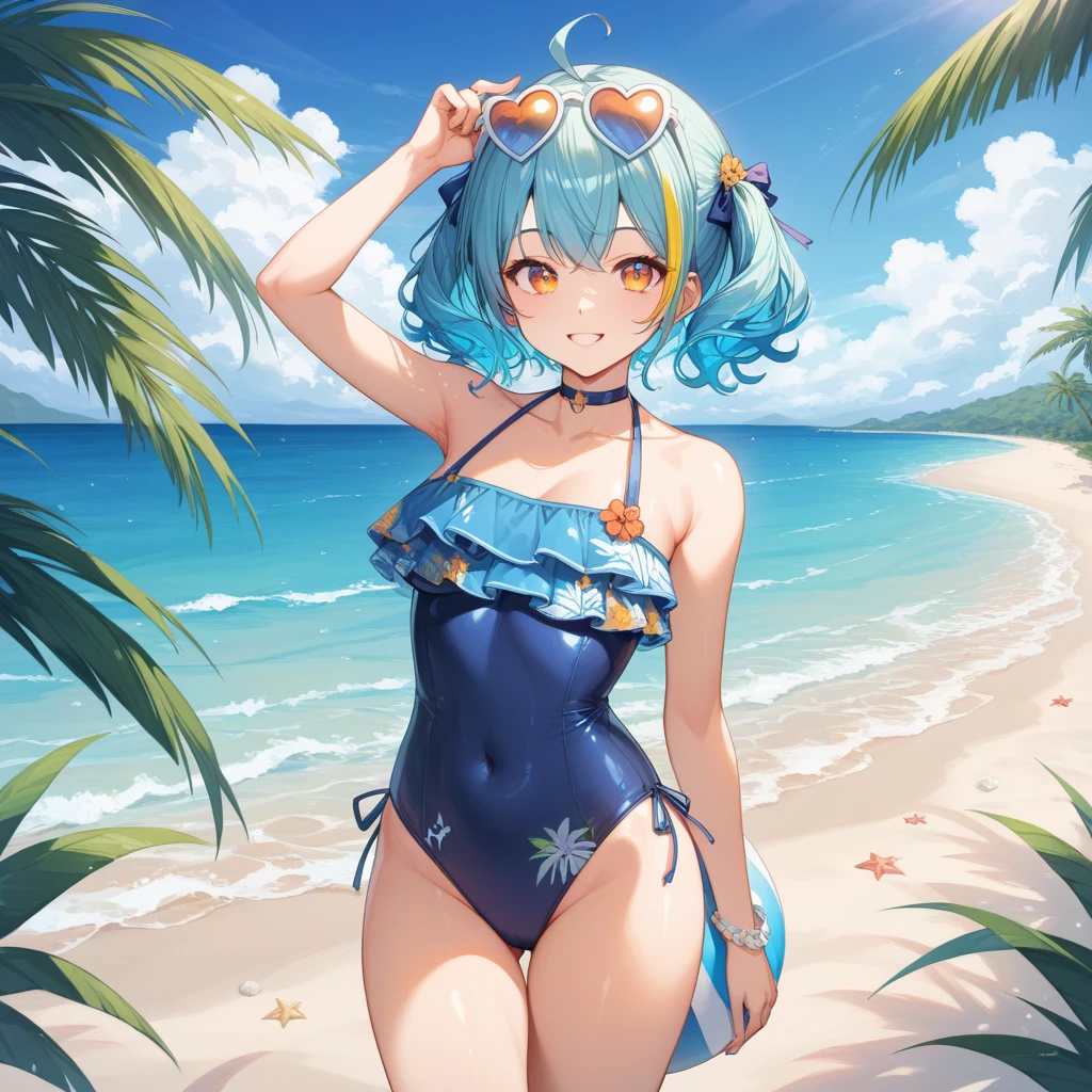 Highest quality、super high quality、16K, Delicious big ass、The expression is a smile, Clothes: T-back、The location is the beach、 Palm tree、cloud、Pose standing、 Her hair color is blue.、Hair length is short、The angle is from directly behind、Close-up shot of the subject、Small face、Very delicate facial expressions、Delicate eye depiction、Highly detailed hair、Erotic、18-year-old female、Glowing Skin、Soft Skin、Sexy ass、Lower Body、Butt crack