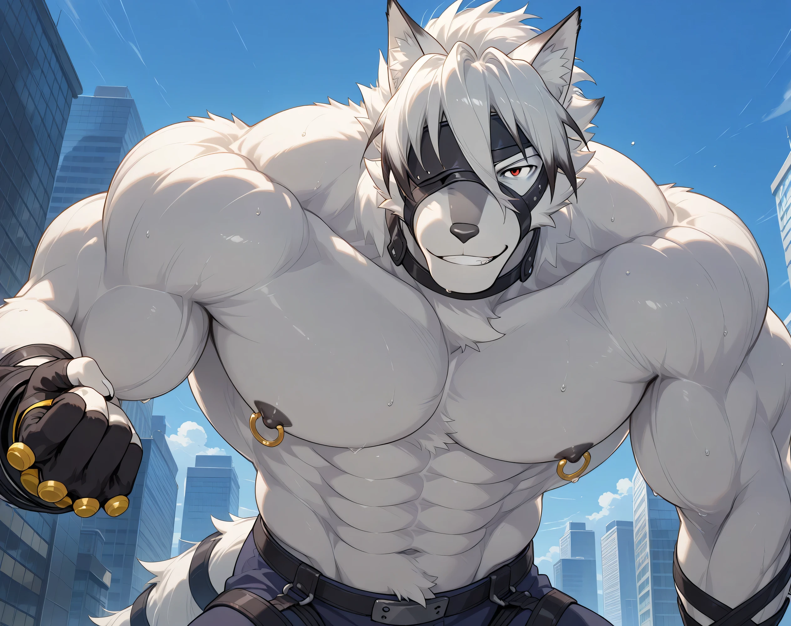 detailed background, low view, city, close up, solo BREAK score_9_up,score_8_up,score_7_up,score_6_up,score_5_up,score_4_up BREAK kemono, bara, furry, 1boy, Lycaon, white fur, white hair, animal ears, tail, eye patch, red eyes, male, huge muscular, male, very broad chest, broad shoulders, macro, posing, bedroom eyes, sweaty, serious, grin, looking at viewer, topless, gloves, huge black nipples, huge gold nipple rings